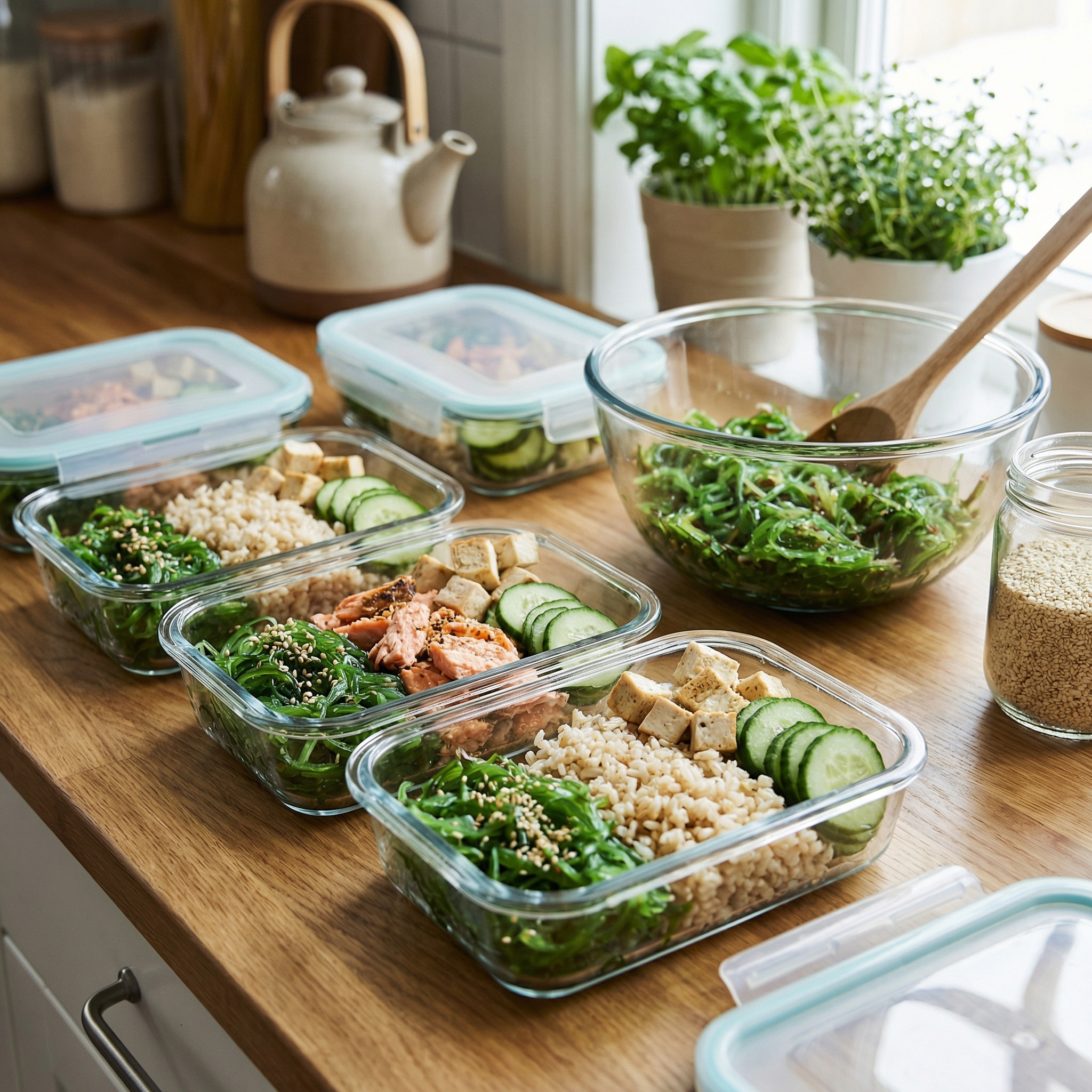 Balanced meal prep containers featuring seaweed salad with fish, tofu, grains, and vegetables.