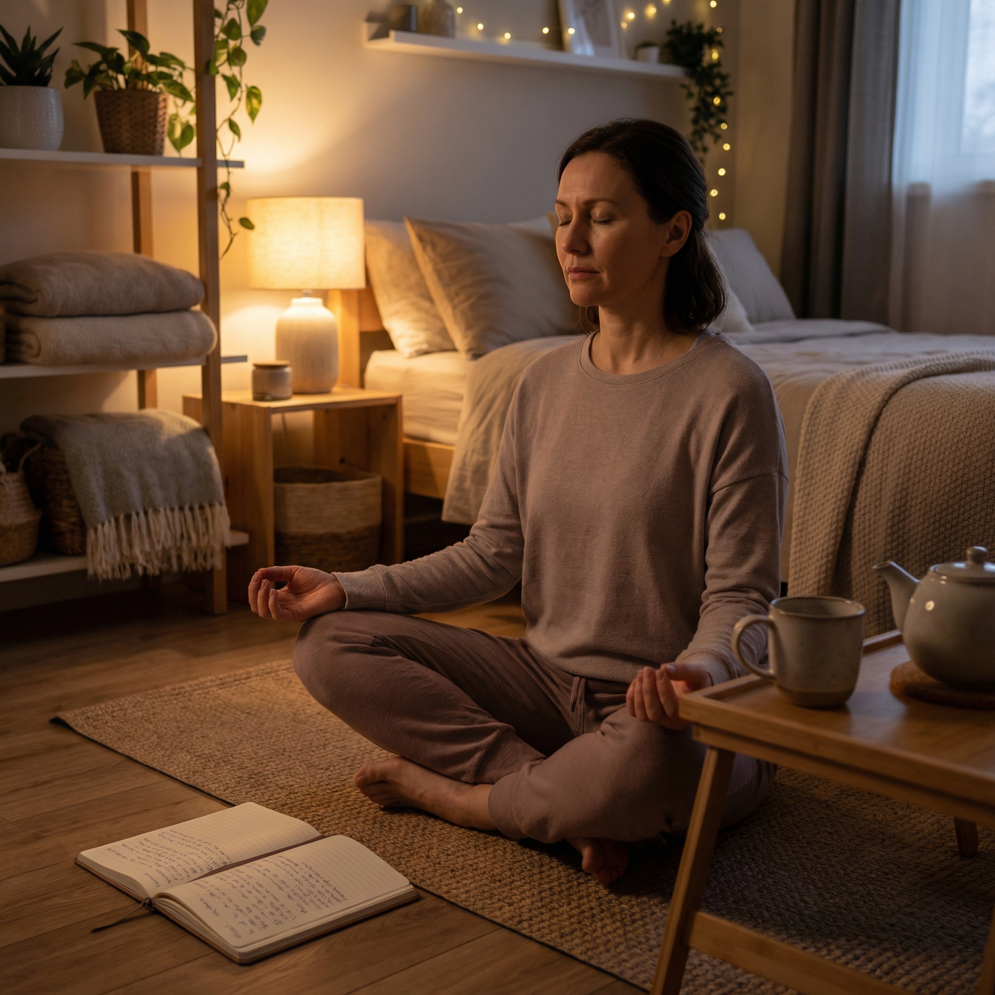 Evening breathing meditation on a yoga mat to support stress reduction and recovery.