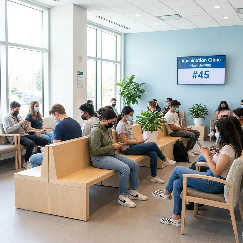 Young adults in a modern pharmacy waiting area with natural lighting and contemporary furnishings
