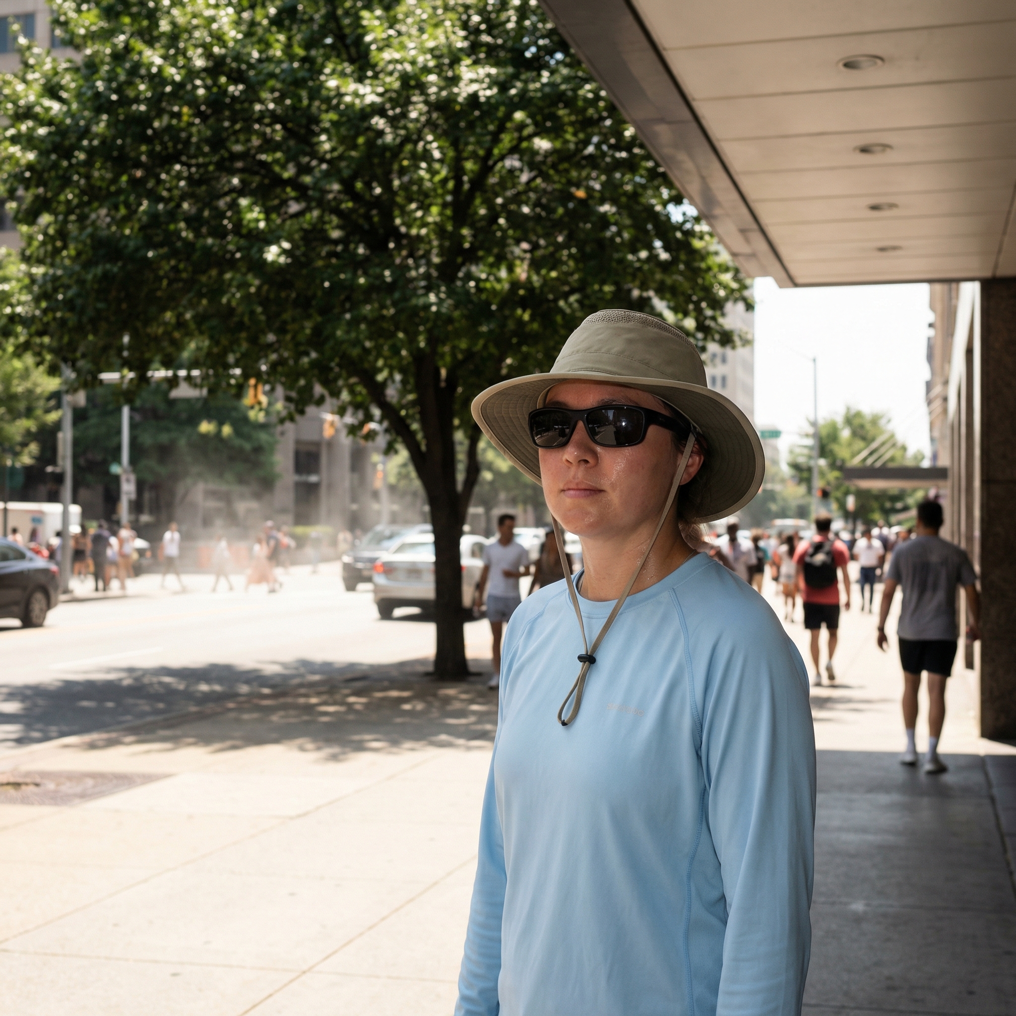 Adult in wide-brim hat and UV-protective clothing standing in partial shade during strong midday sun.