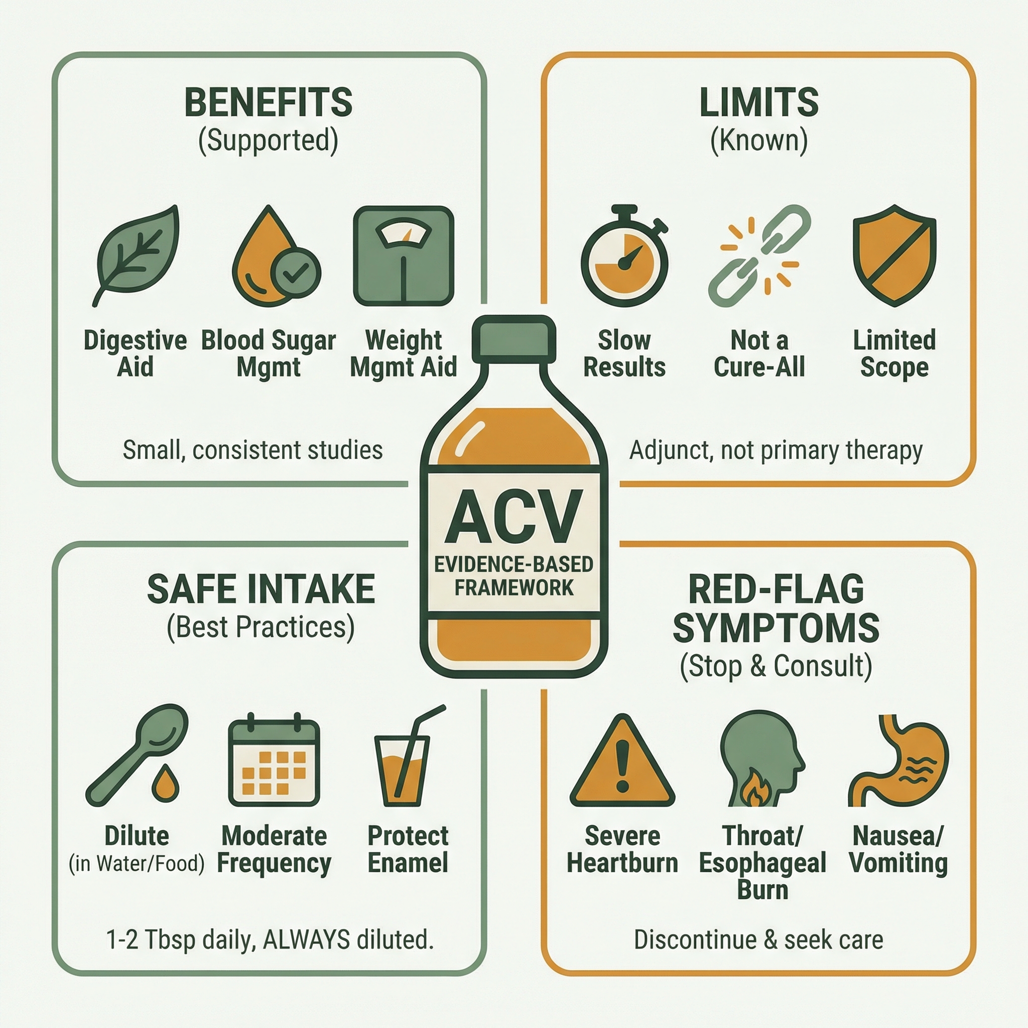 Infographic-style visual summarizing evidence strength, safe intake habits, and red-flag symptoms for apple cider vinegar use.