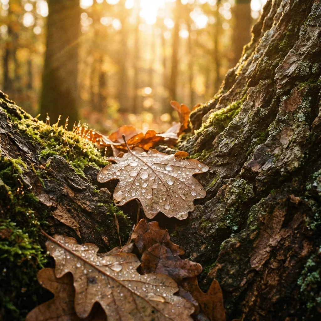 Close-up of textured tree bark and dew-covered leaves highlighting sensory awareness during a nature walk.