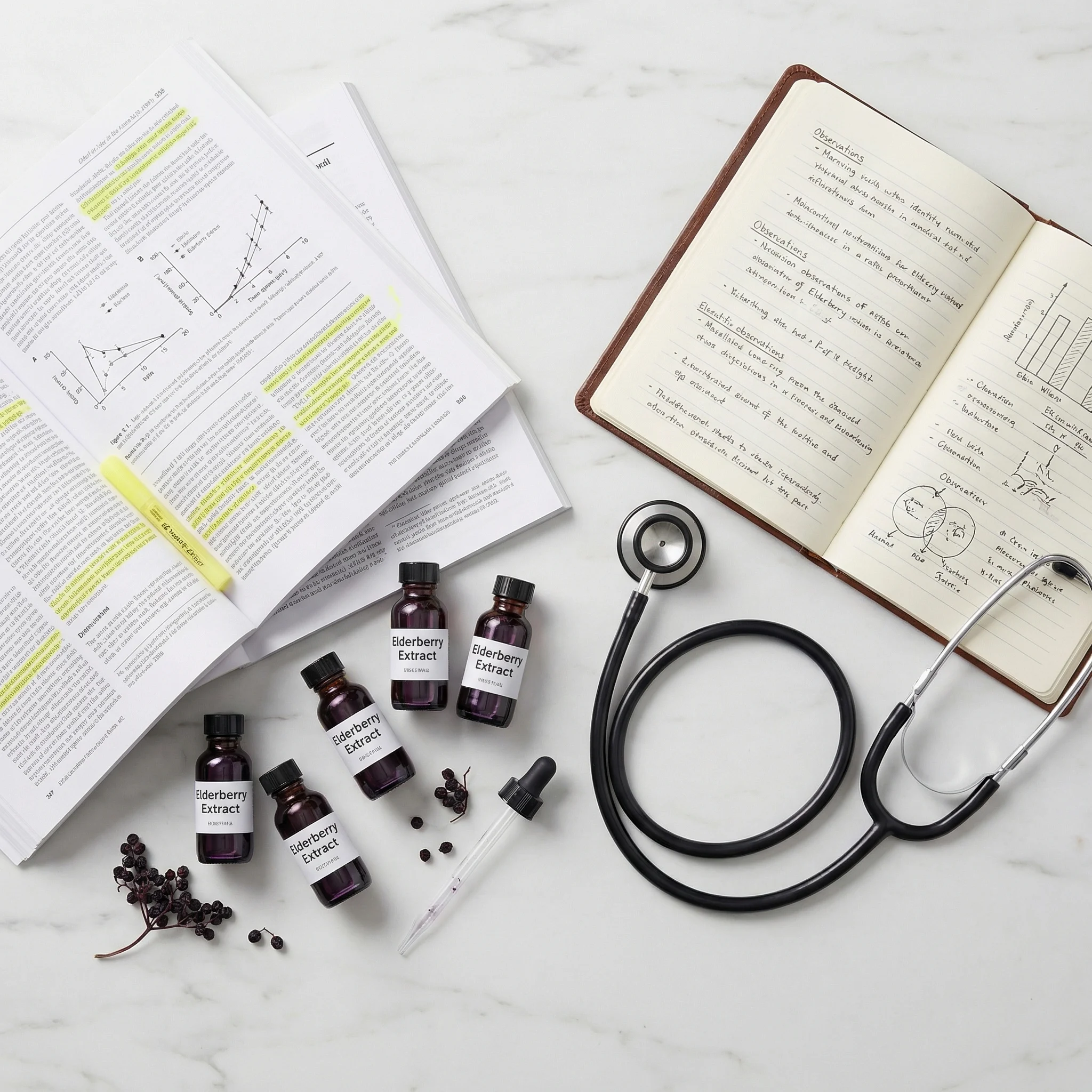 Scientific laboratory setting with elderberry extract samples in glass vials alongside research documents