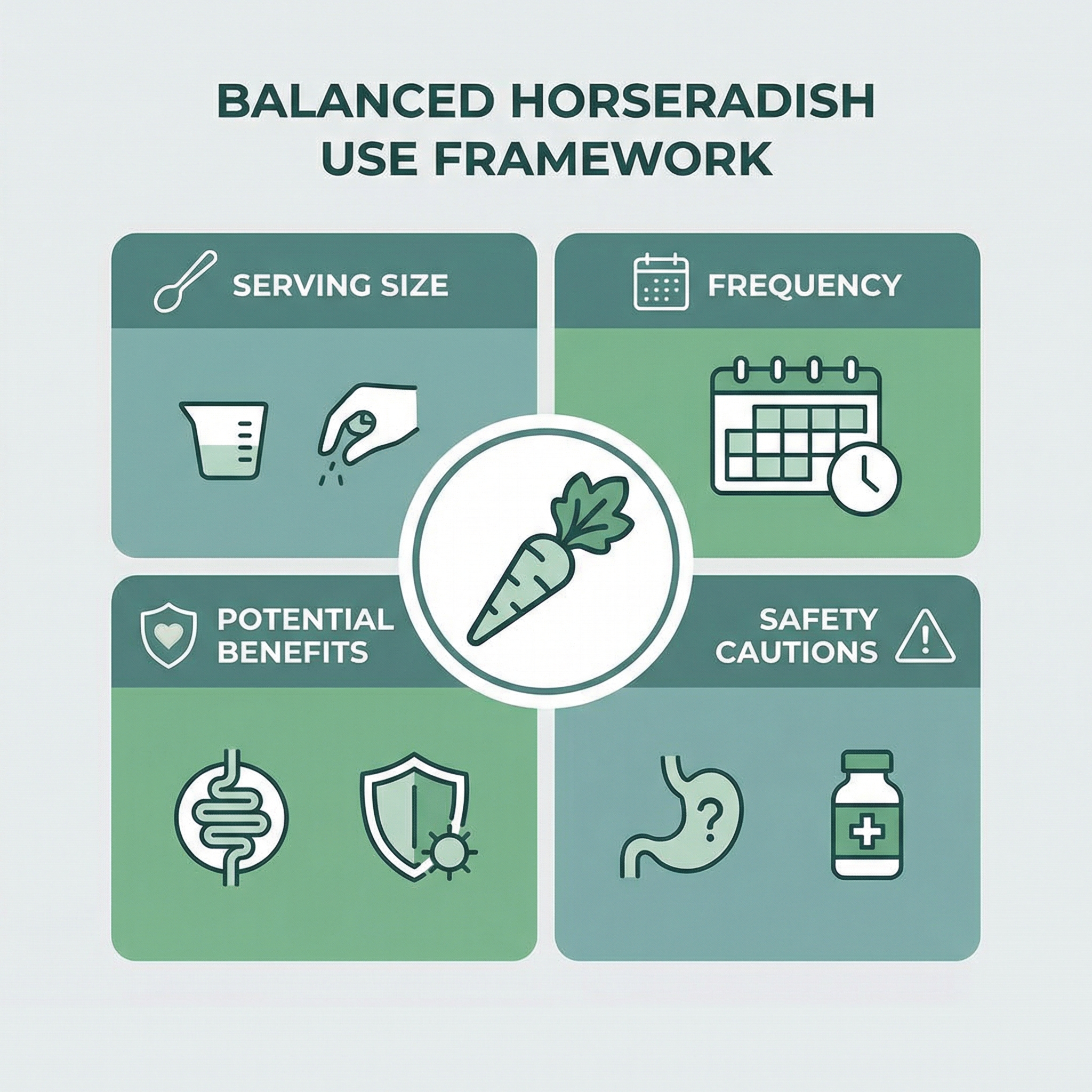 Infographic-style visual summarizing horseradish benefits, serving-size guidance, and key safety cautions.