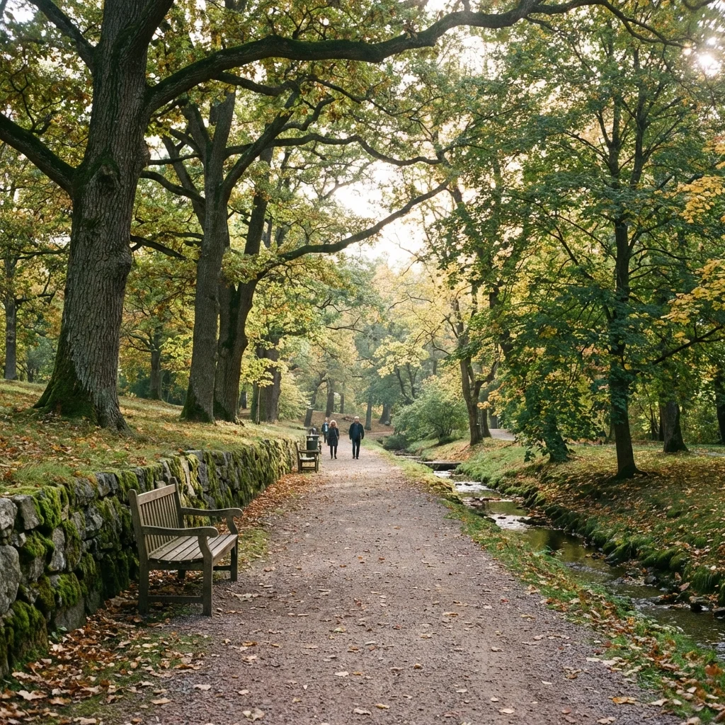 Quiet tree-lined park path in morning light, representing a simple route for daily awe walks.