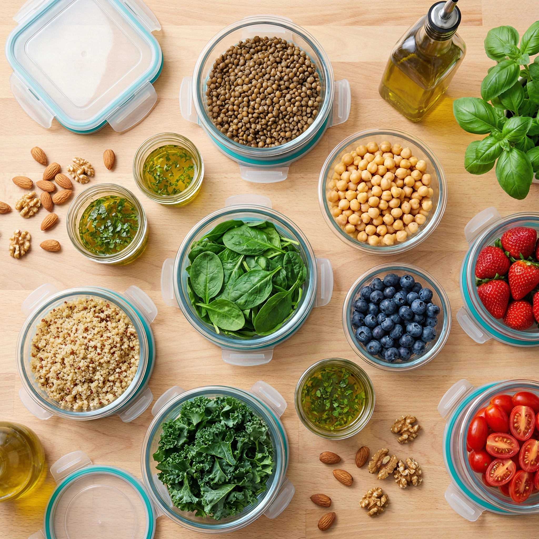 Meal-prep containers with legumes, whole grains, vegetables, berries, and nuts arranged for anti-inflammatory eating.