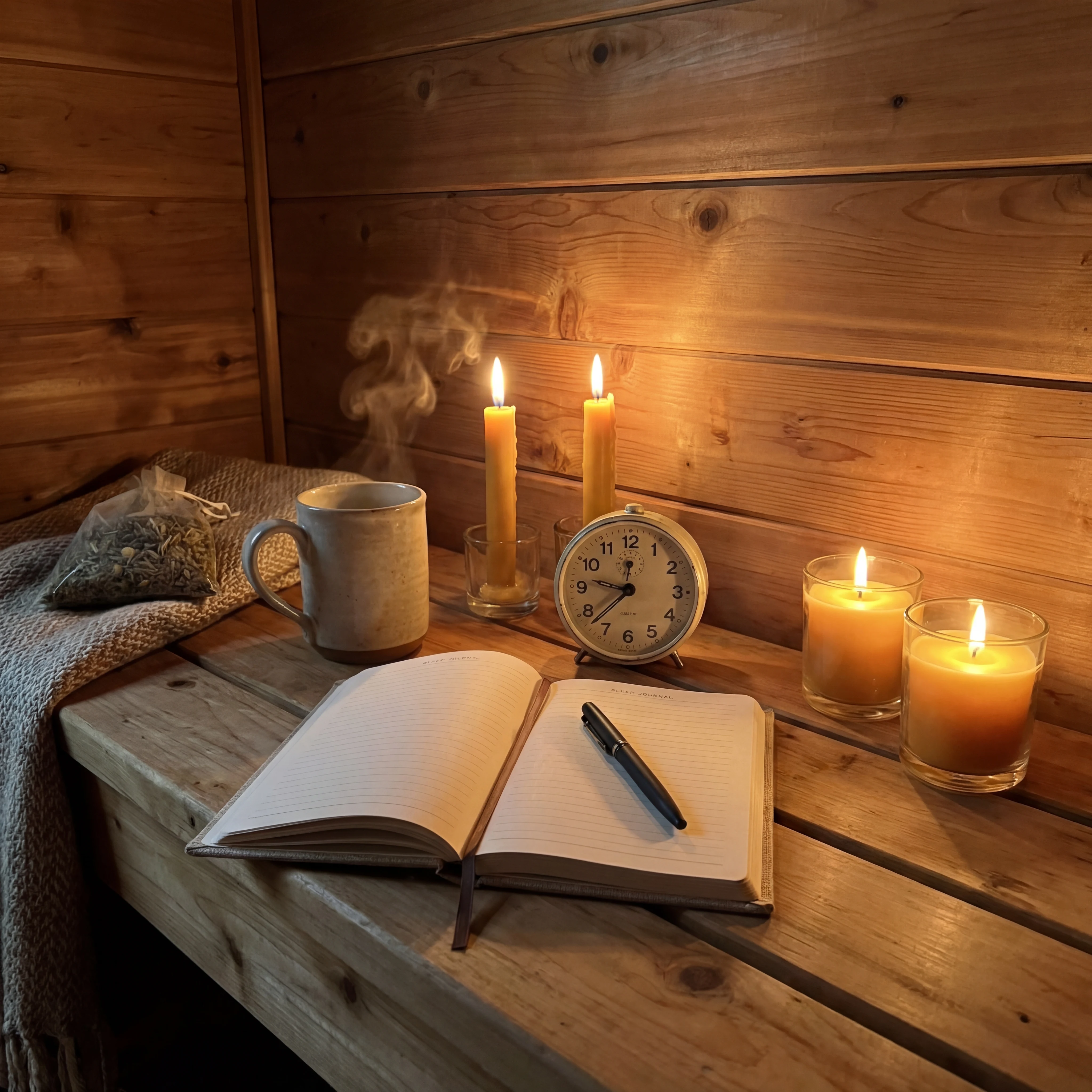 Evening wellness setup with tea, journal, and clock near cedar sauna panels