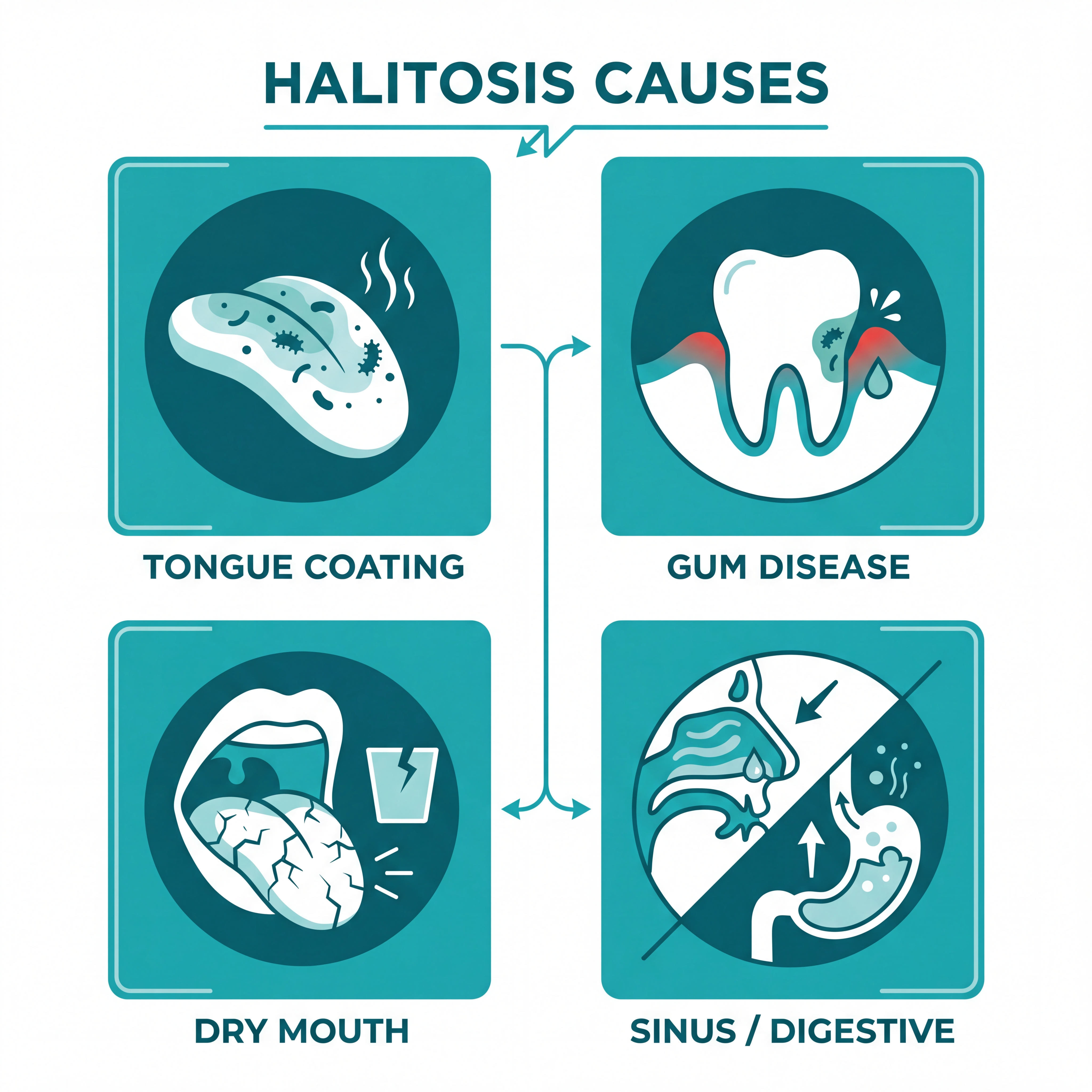 Infographic-style visual summarizing major causes of halitosis including tongue coating, gum disease, dry mouth, and systemic contributors