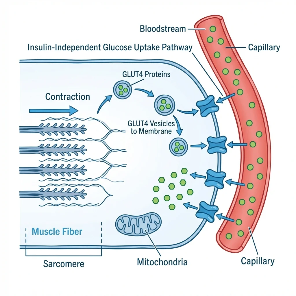 Comparison chart showing how resistance training improves insulin-independent glucose uptake in skeletal muscle cells