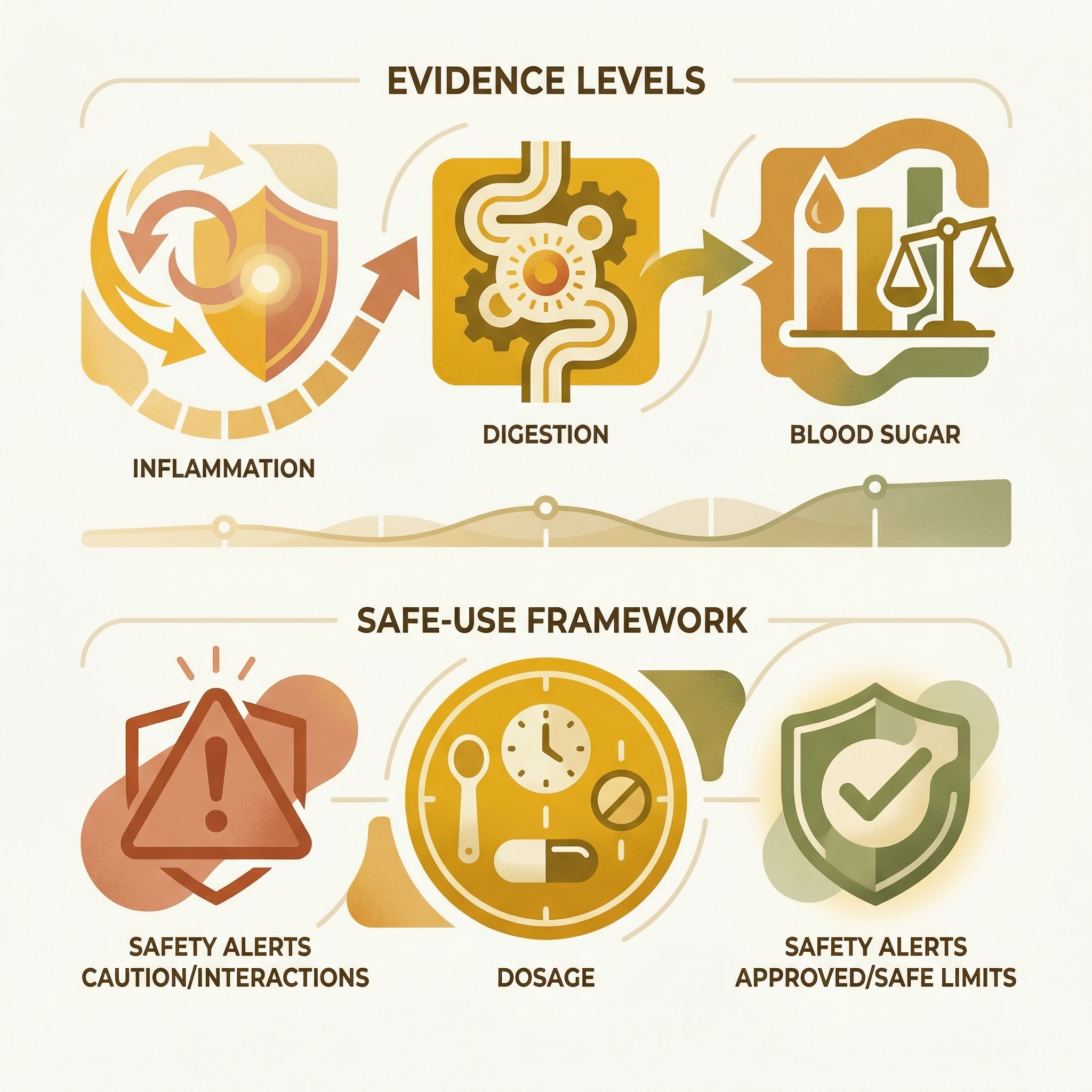 Infographic-style visual summarizing turmeric evidence strength, portion guidance, and key safety cautions.