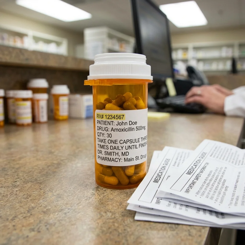 Prescription medication bottle with safety warning labels and pharmacist consultation notes