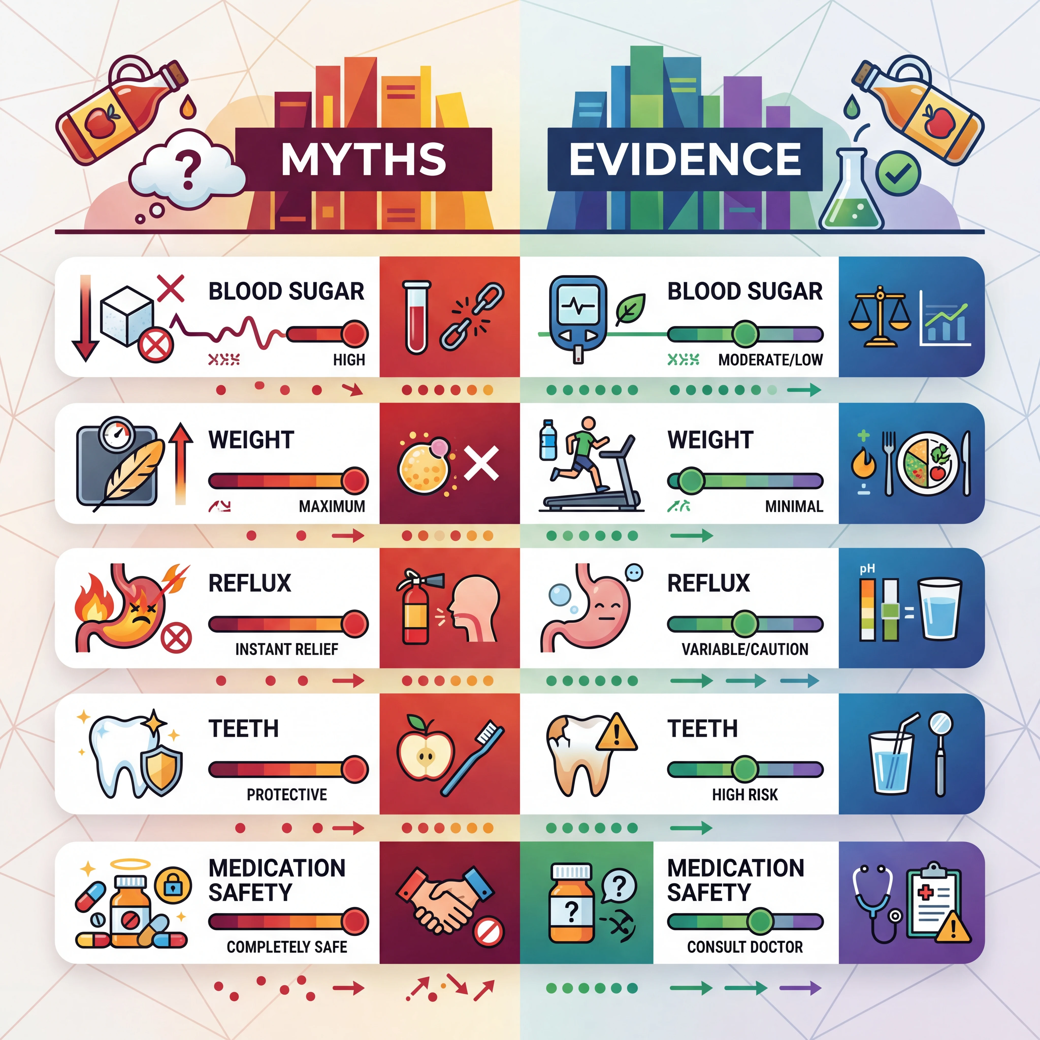 Infographic comparing common apple cider vinegar myths with evidence ratings and practical takeaways