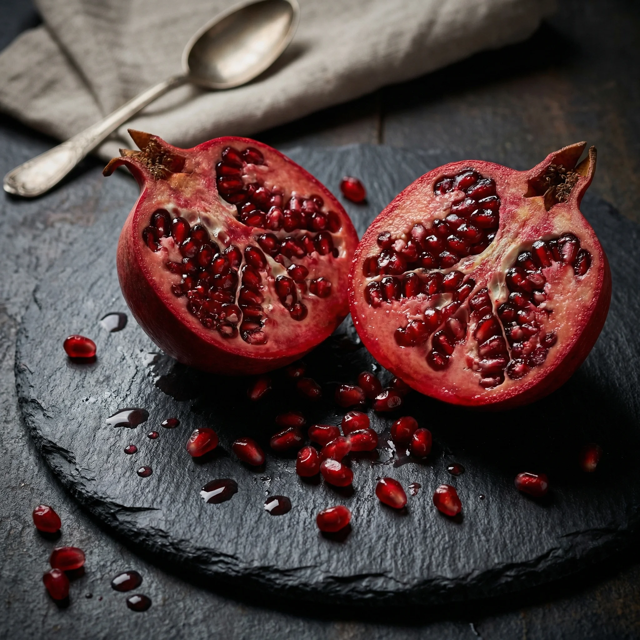 Split pomegranate revealing vivid red arils with juice drops on a dark surface