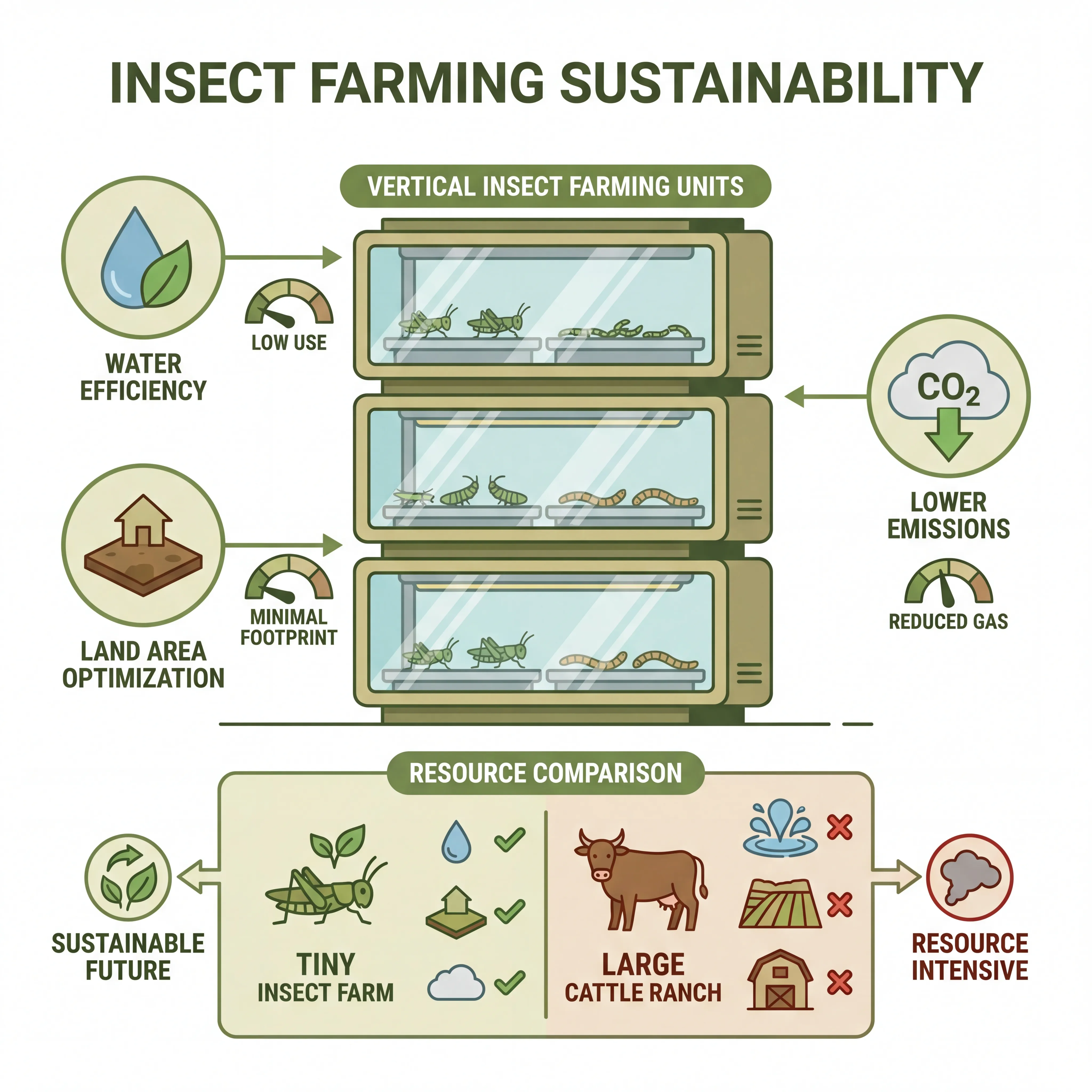 Infographic illustrating insect farming sustainability showing vertical farm containers and resource usage statistics
