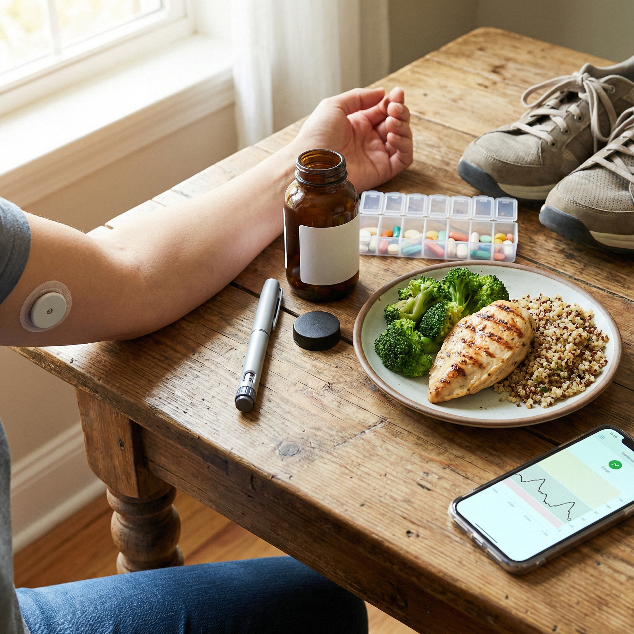 Practical diabetes management toolkit with a glucose sensor, balanced meal, daily pill organizer, and activity shoes on a table.