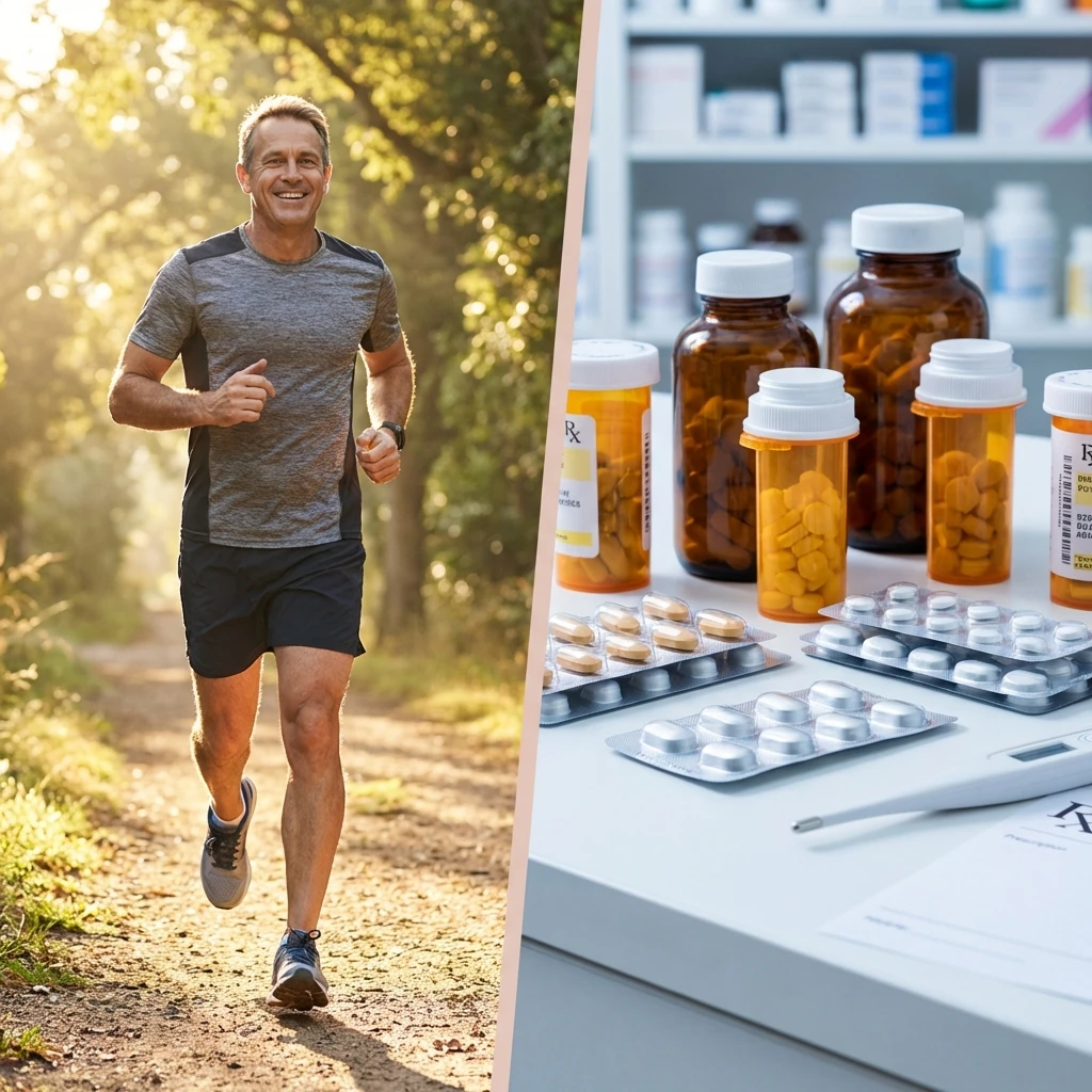 Split image comparing a man jogging outdoors on the left with prescription pill bottles on the right, connected by a versus symbol