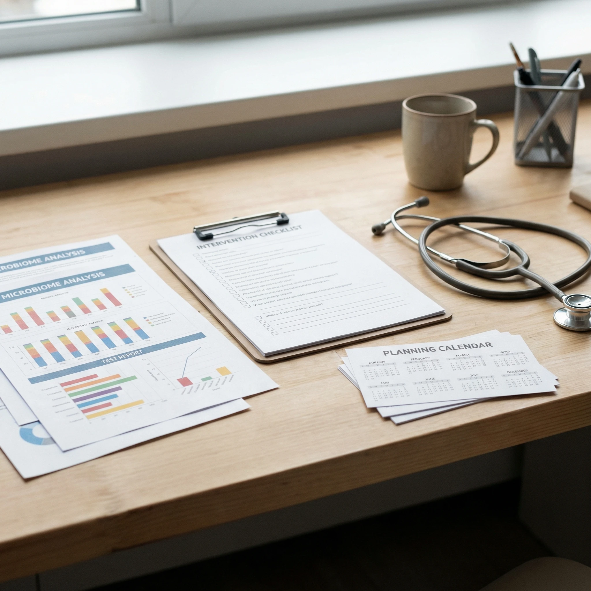 Clinical planning desk with microbiome report charts, checklist cards, and calendar used to map an eight-week gut health strategy.