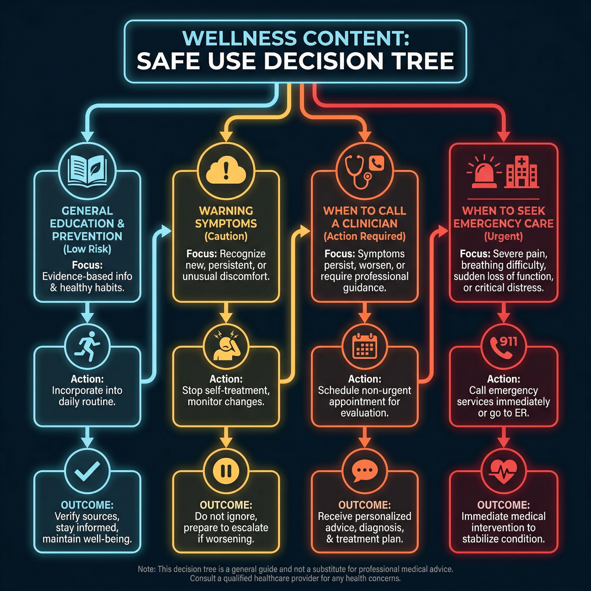 Infographic decision tree showing when wellness content is informational and when to seek clinician or emergency care.