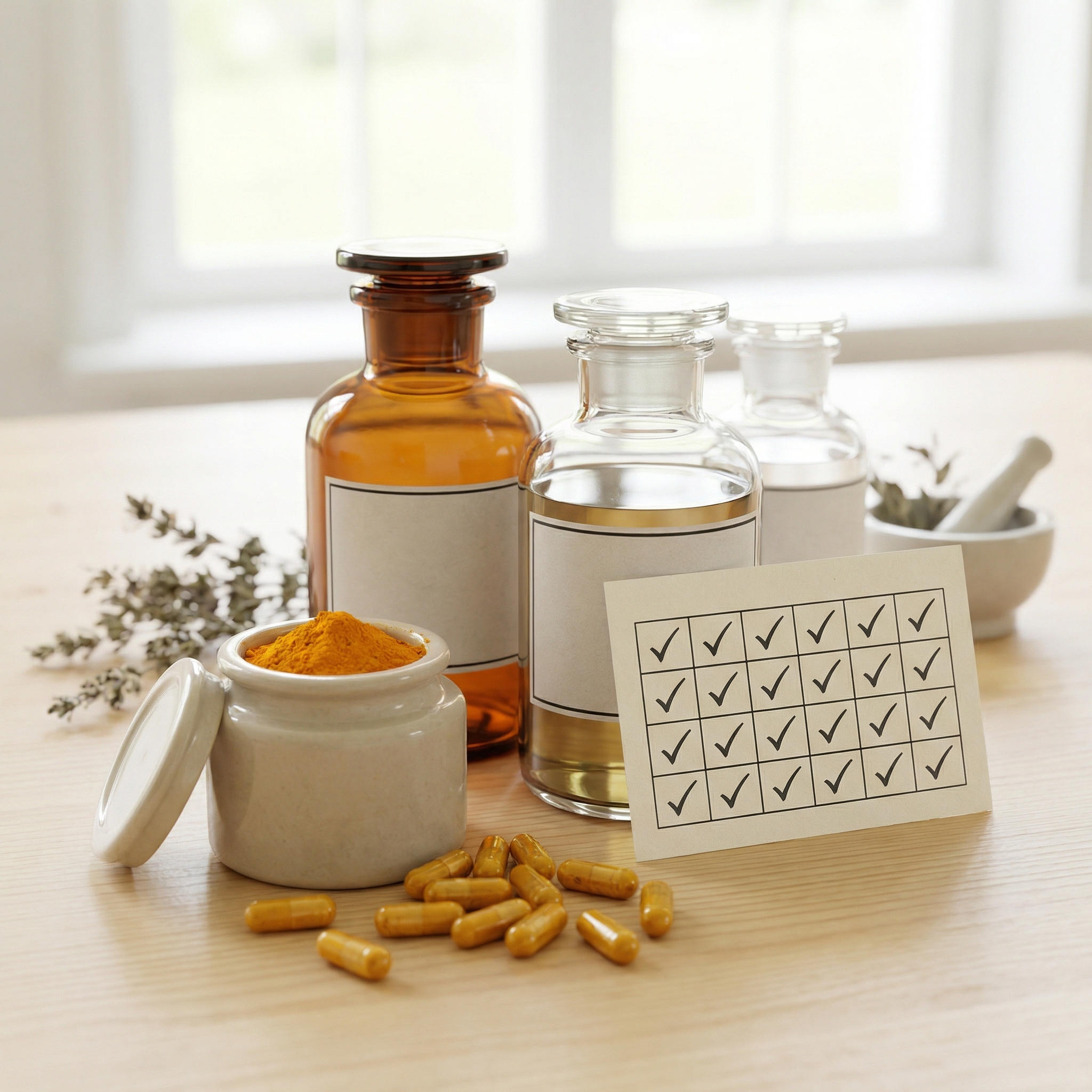 Turmeric supplements, capsules, and powder with a checklist card illustrating quality-label review before purchase.