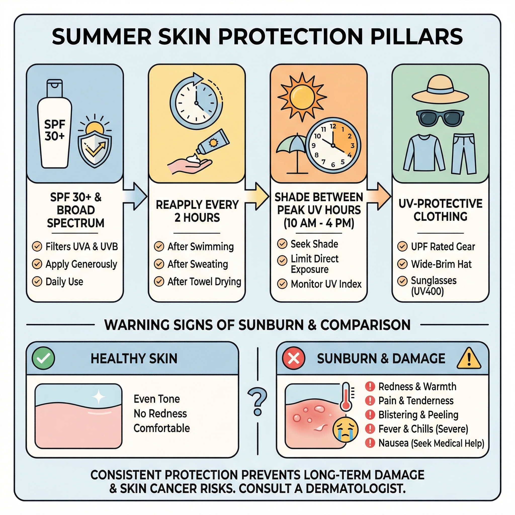 Infographic summarizing summer skin protection pillars: SPF 30+, reapplication every 2 hours, shade, protective clothing, and sunburn warning signs.