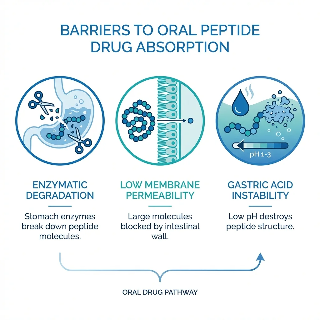 Infographic illustrating the three main barriers to oral peptide absorption in the gastrointestinal tract