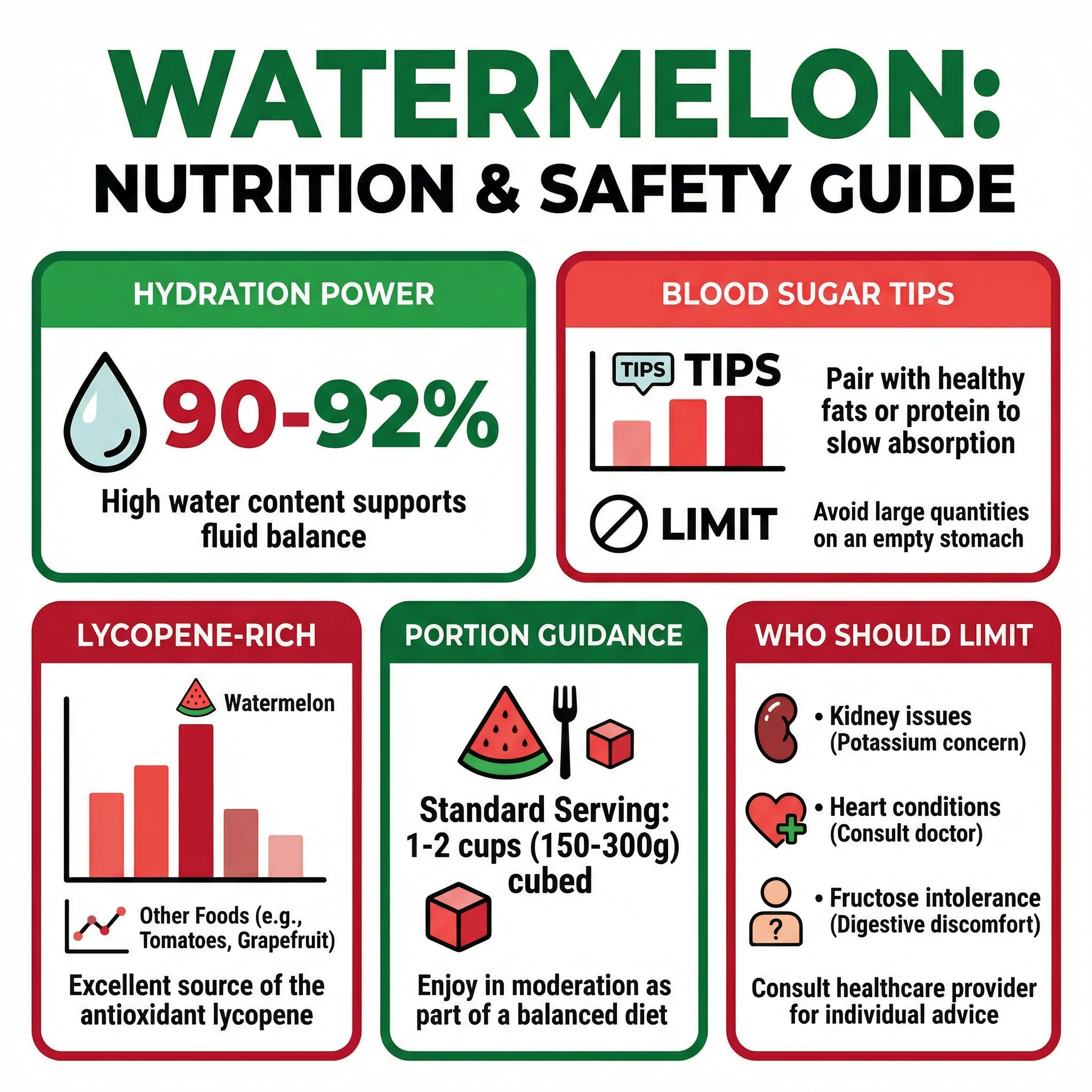 Infographic panel summarizing watermelon hydration value, lycopene, portion sizing, and blood sugar cautions.