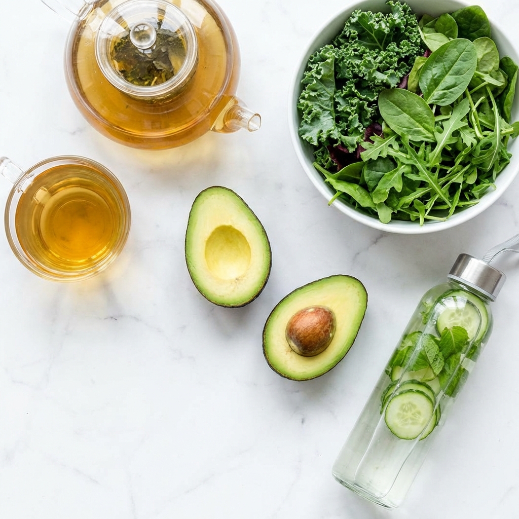 Collection of detox-friendly foods including herbal tea, avocado, and leafy greens