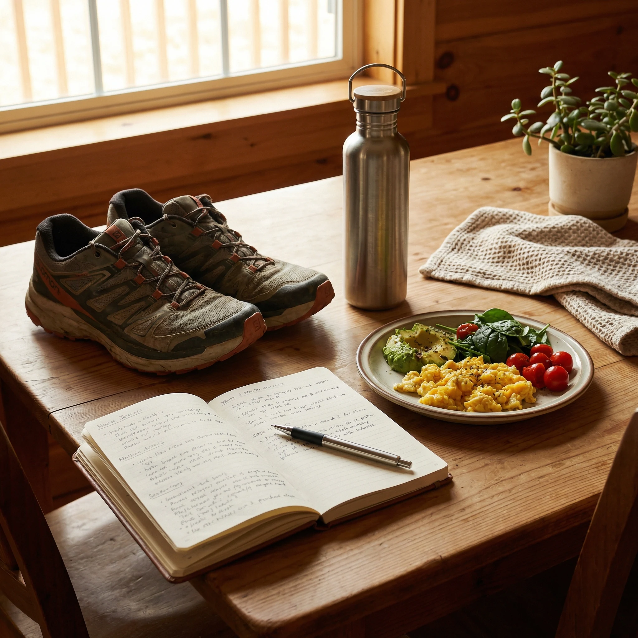 Running shoes, water bottle, notebook, eggs, and vegetables arranged to represent balancing exercise recovery with fasting.