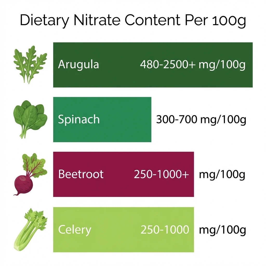 Infographic showing nitrate content comparison of arugula, spinach, beetroot, and celery with color-coded bars and mg per 100g values