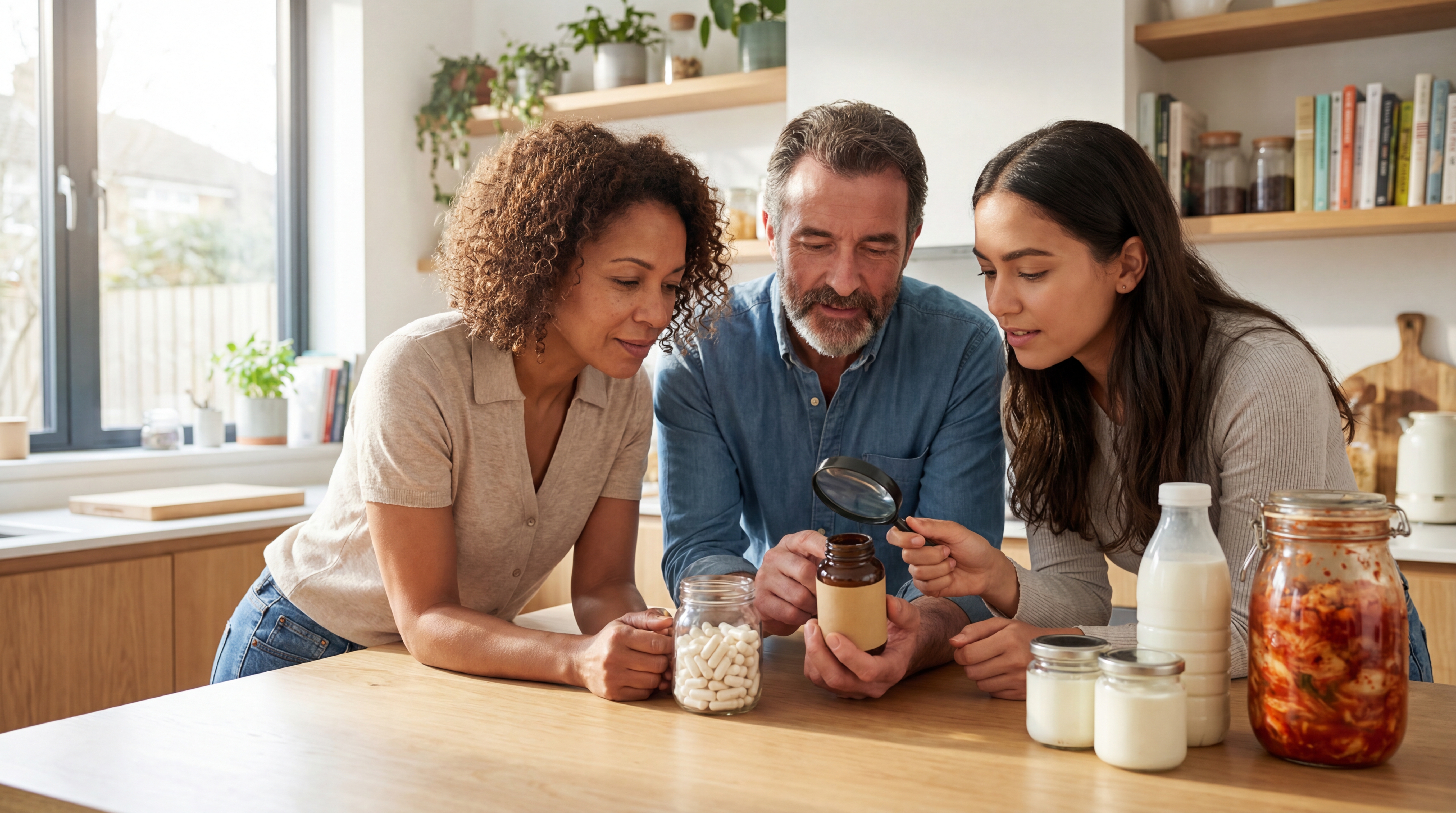 Adults reviewing a probiotic supplement plan with fermented foods and a symptom tracking notebook in a bright kitchen.