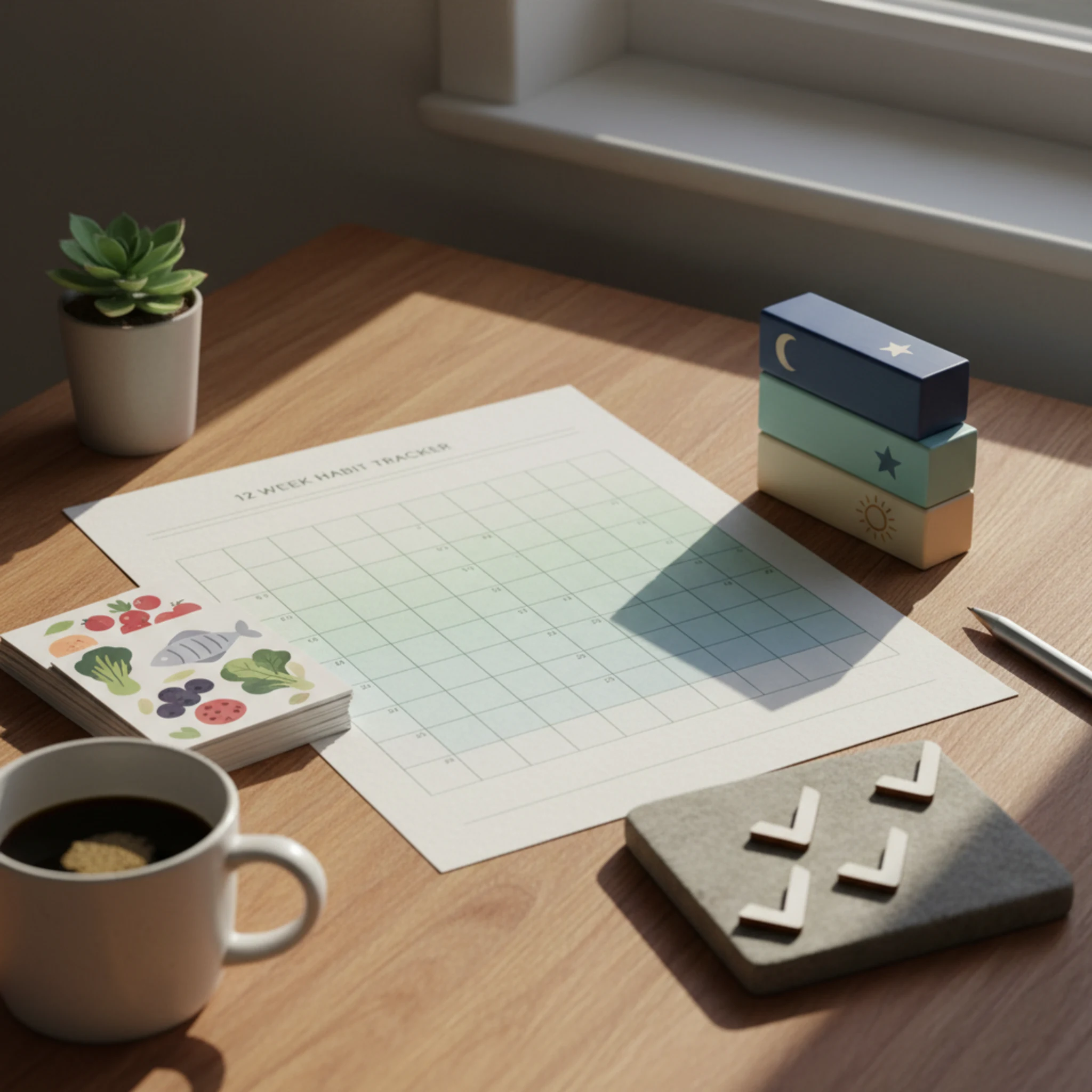 Twelve-week habit tracker calendar with meal planning notes, sleep schedule blocks, and exercise checkmarks