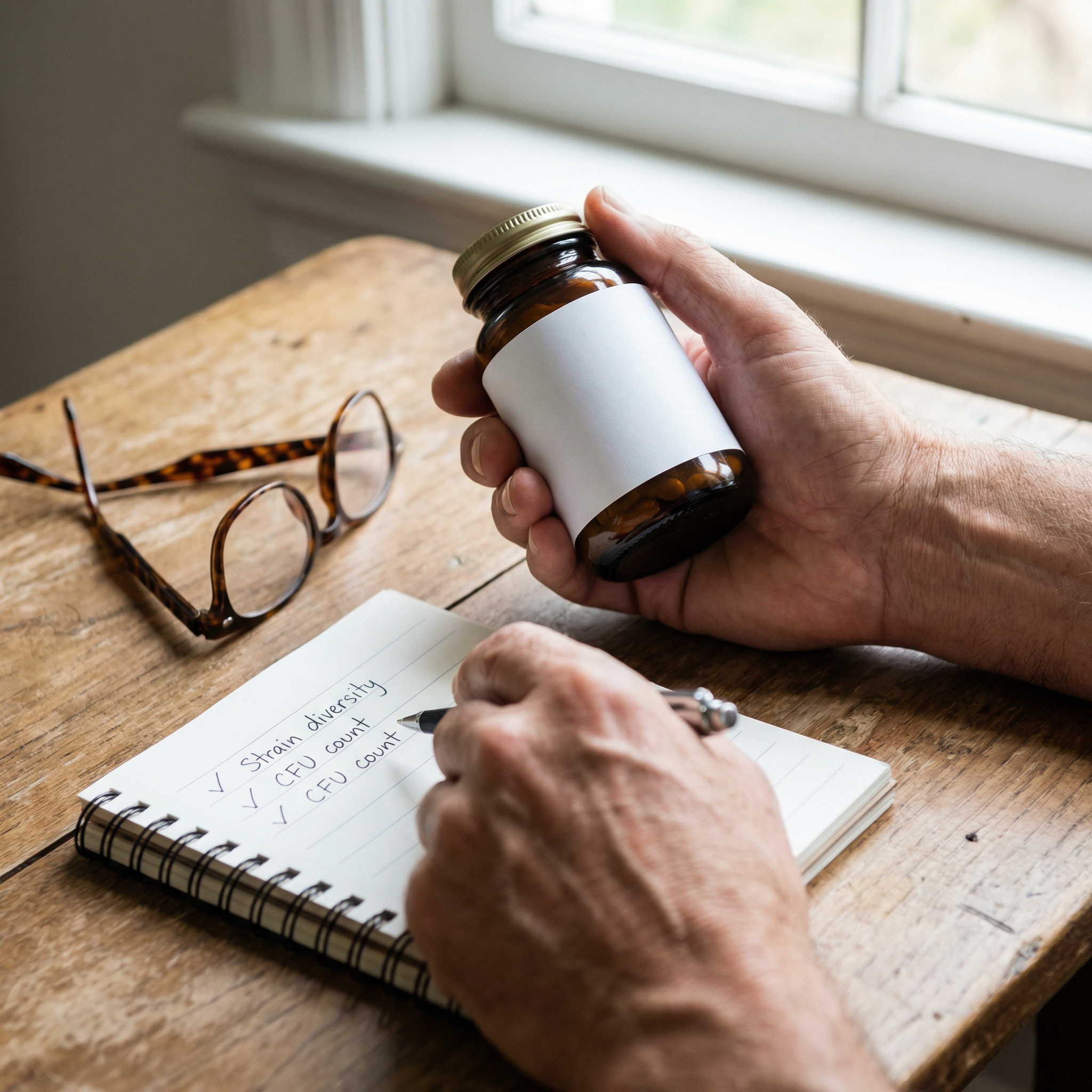 Hands comparing a probiotic supplement facts panel with a checklist for strain identity and CFU count.