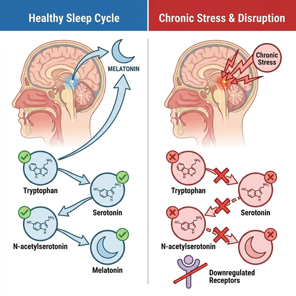 Disrupted sleep cycle diagram showing melatonin pathway blockade and clock gene dysfunction