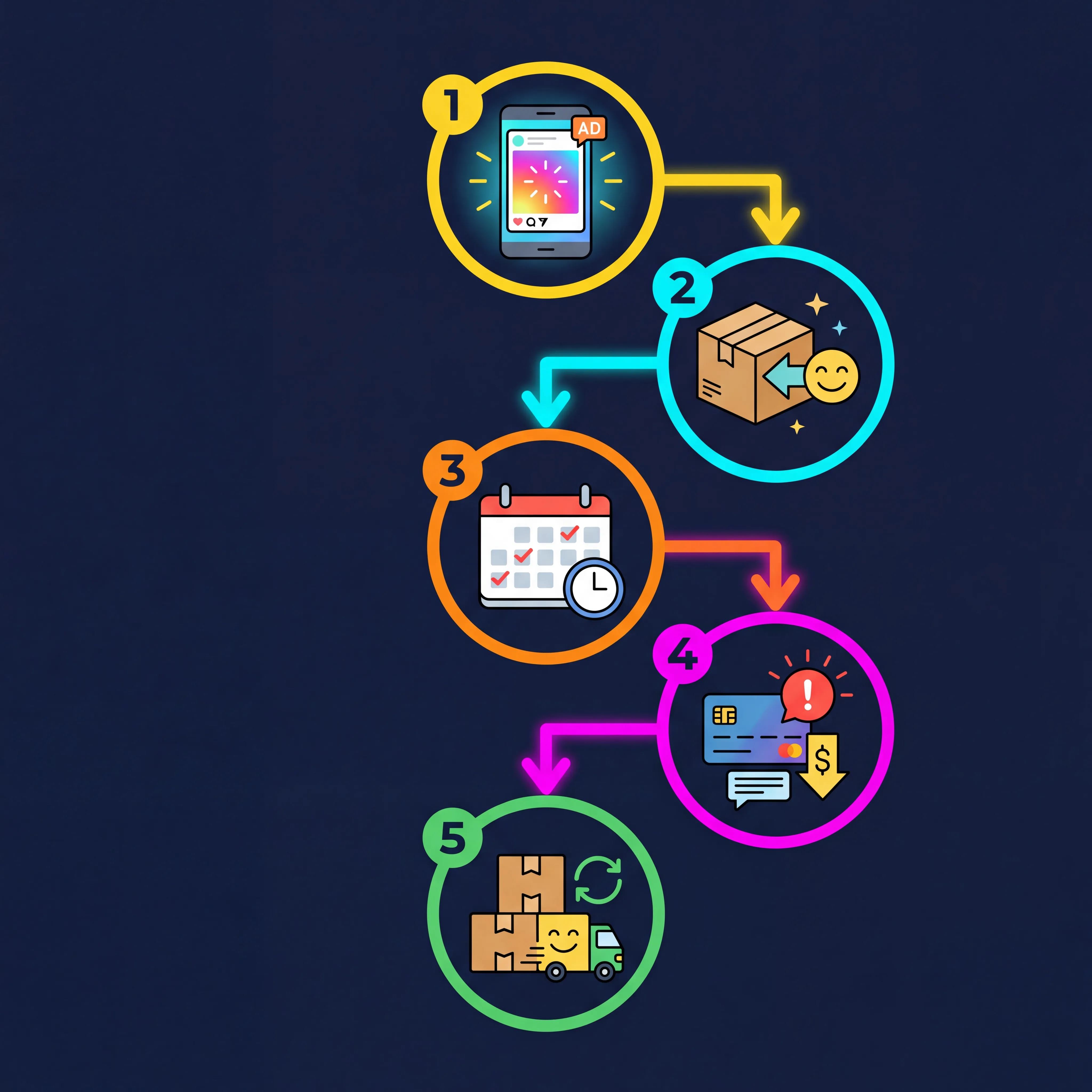 Infographic showing the five stages of a free trial subscription trap from initial ad to recurring charges