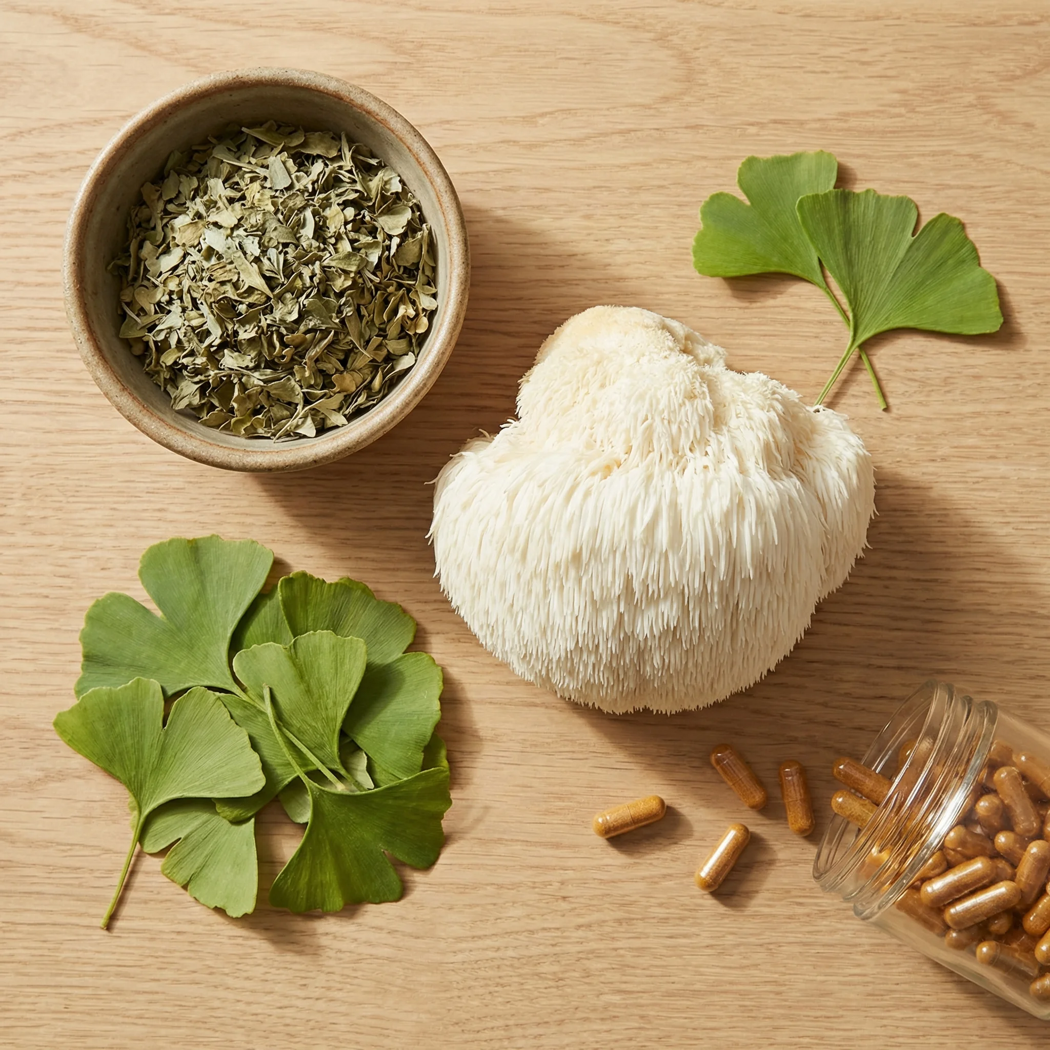Bacopa monnieri leaves, lion's mane mushroom, and ginkgo biloba extract capsules arranged on a wooden surface