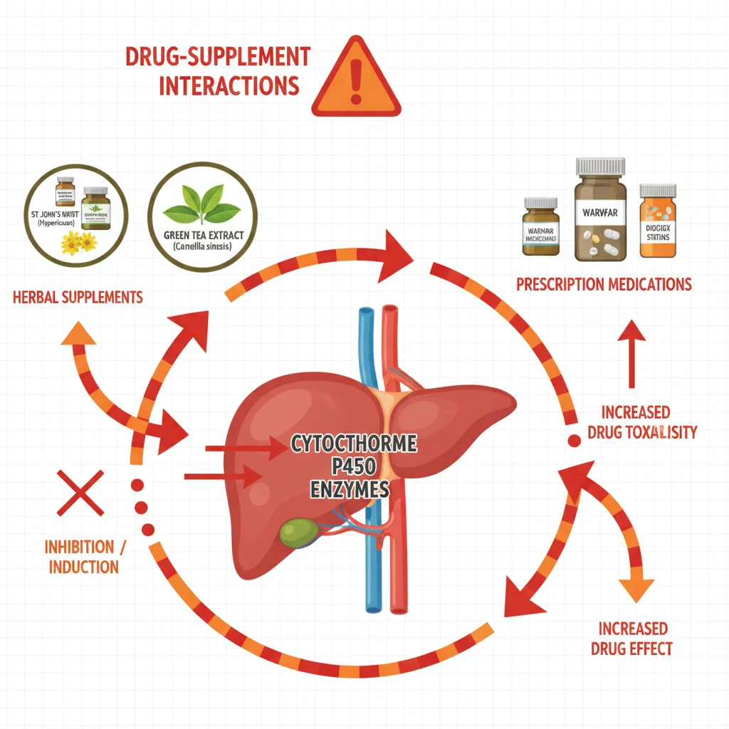 Medical chart showing common supplement and prescription drug interaction pathways through liver enzymes