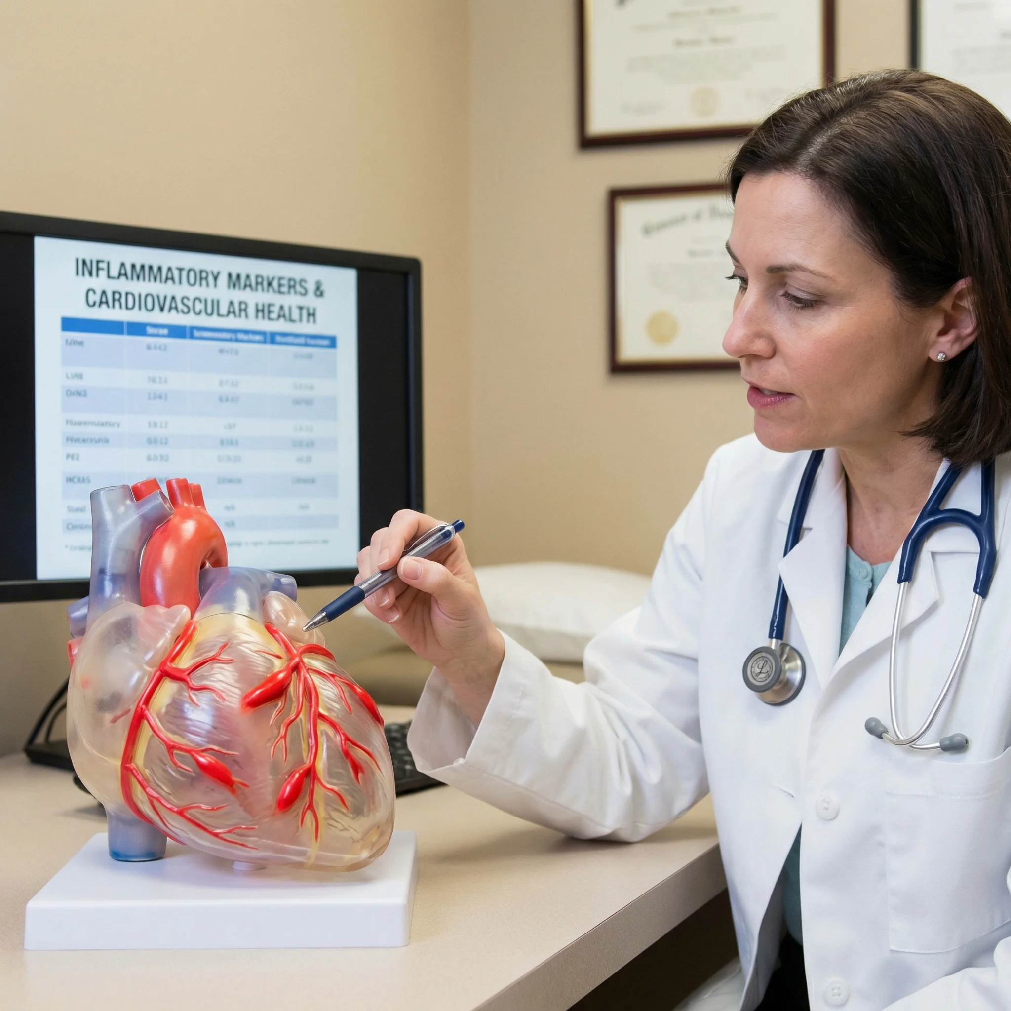 Medical professional pointing to a 3D anatomical heart model showing coronary artery inflammation
