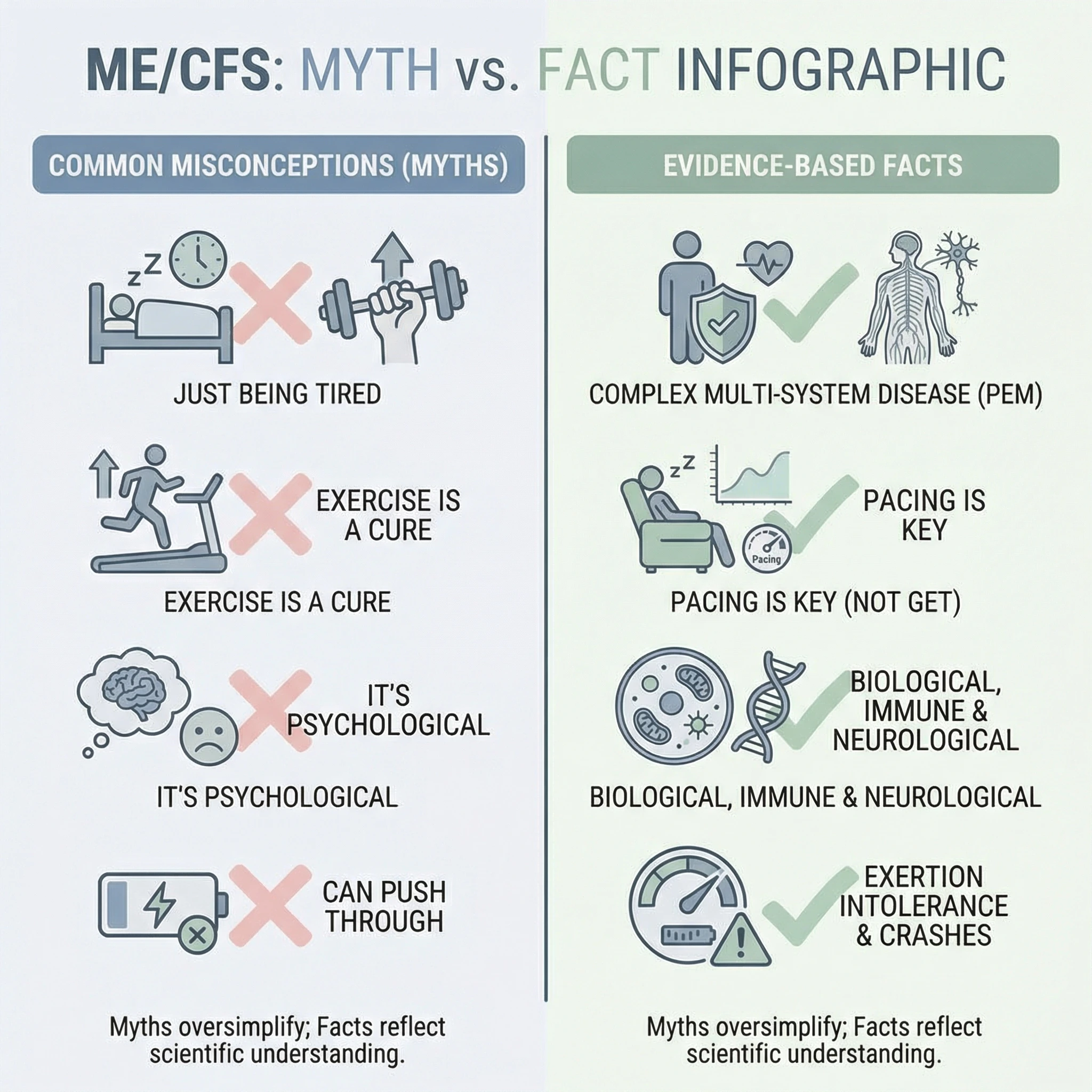 Two-column infographic comparing common misconceptions about ME/CFS with evidence-based clinical facts.