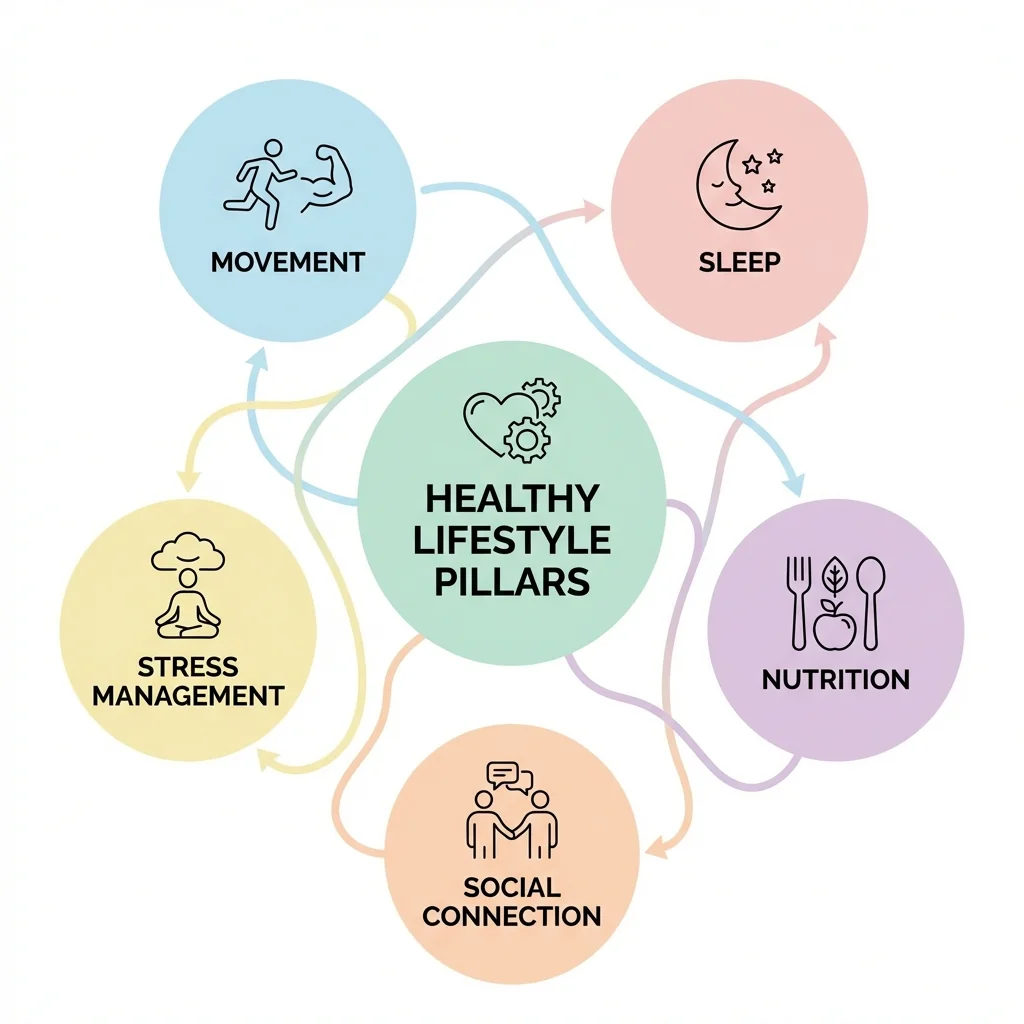 Infographic showing five interconnected lifestyle pillars: movement, sleep, nutrition, stress management, and social connection