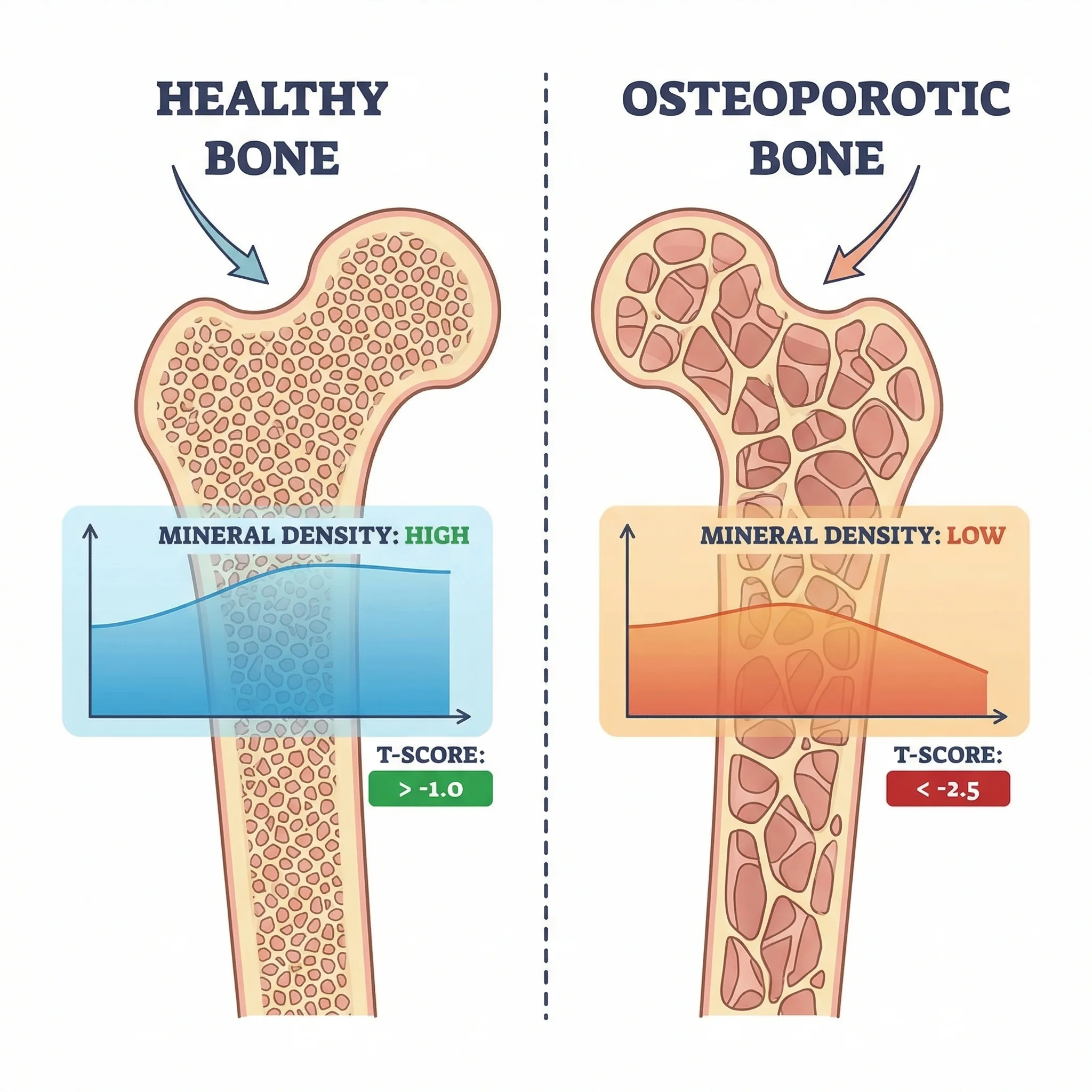 Comparison of healthy bone microstructure versus osteoporotic bone with mineral density data overlay