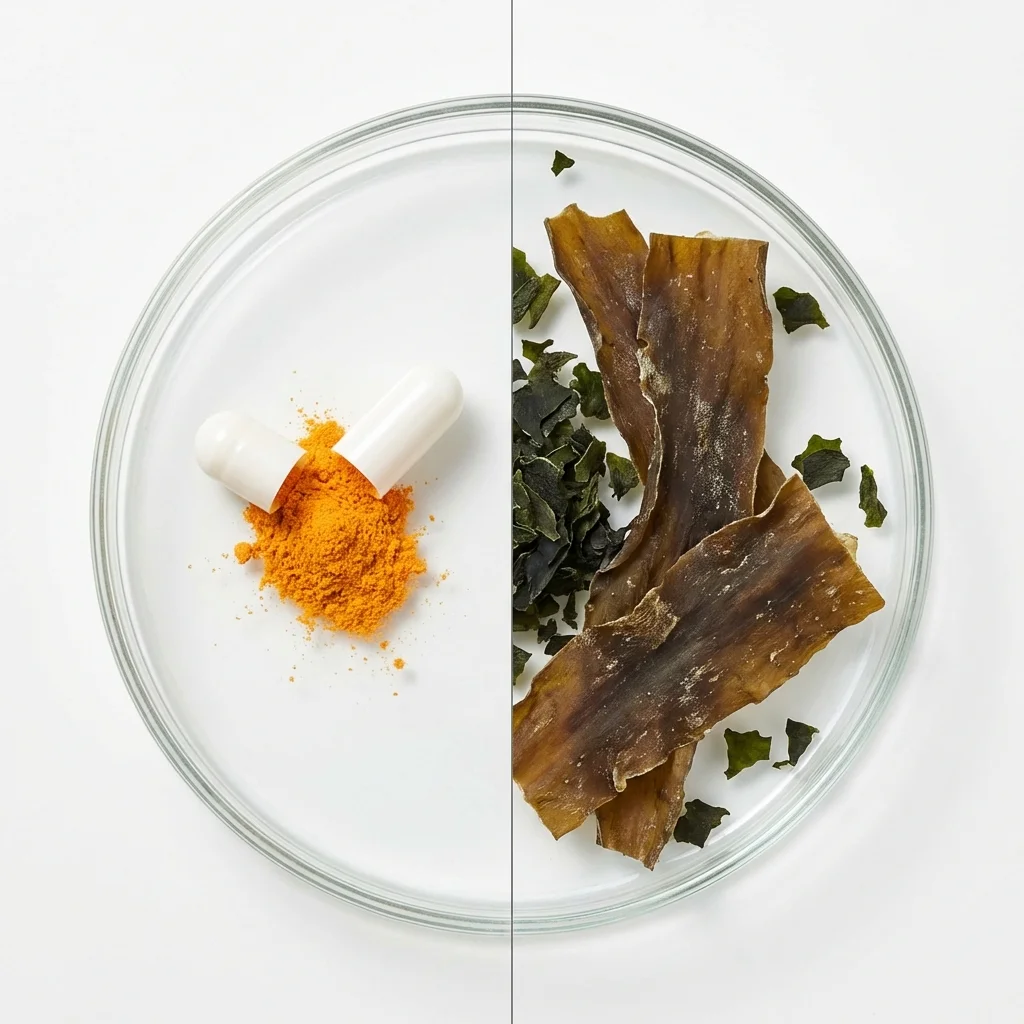Split comparison showing pure laboratory fucoxanthin extract versus raw brown seaweed supplement capsules