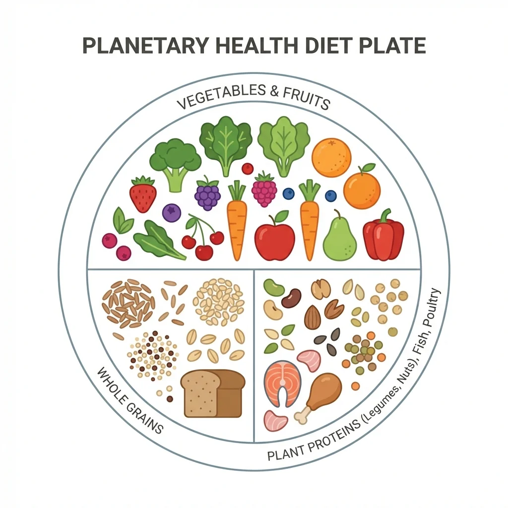Infographic of the planetary health diet plate showing food group proportions with vegetables, whole grains, and plant proteins