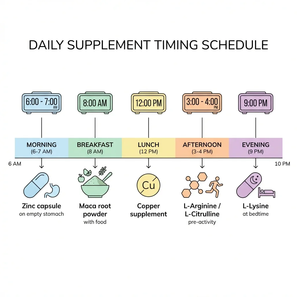 Daily timeline infographic showing optimal morning, afternoon, and evening windows for zinc, maca, L-arginine, copper, and L-lysine supplementation