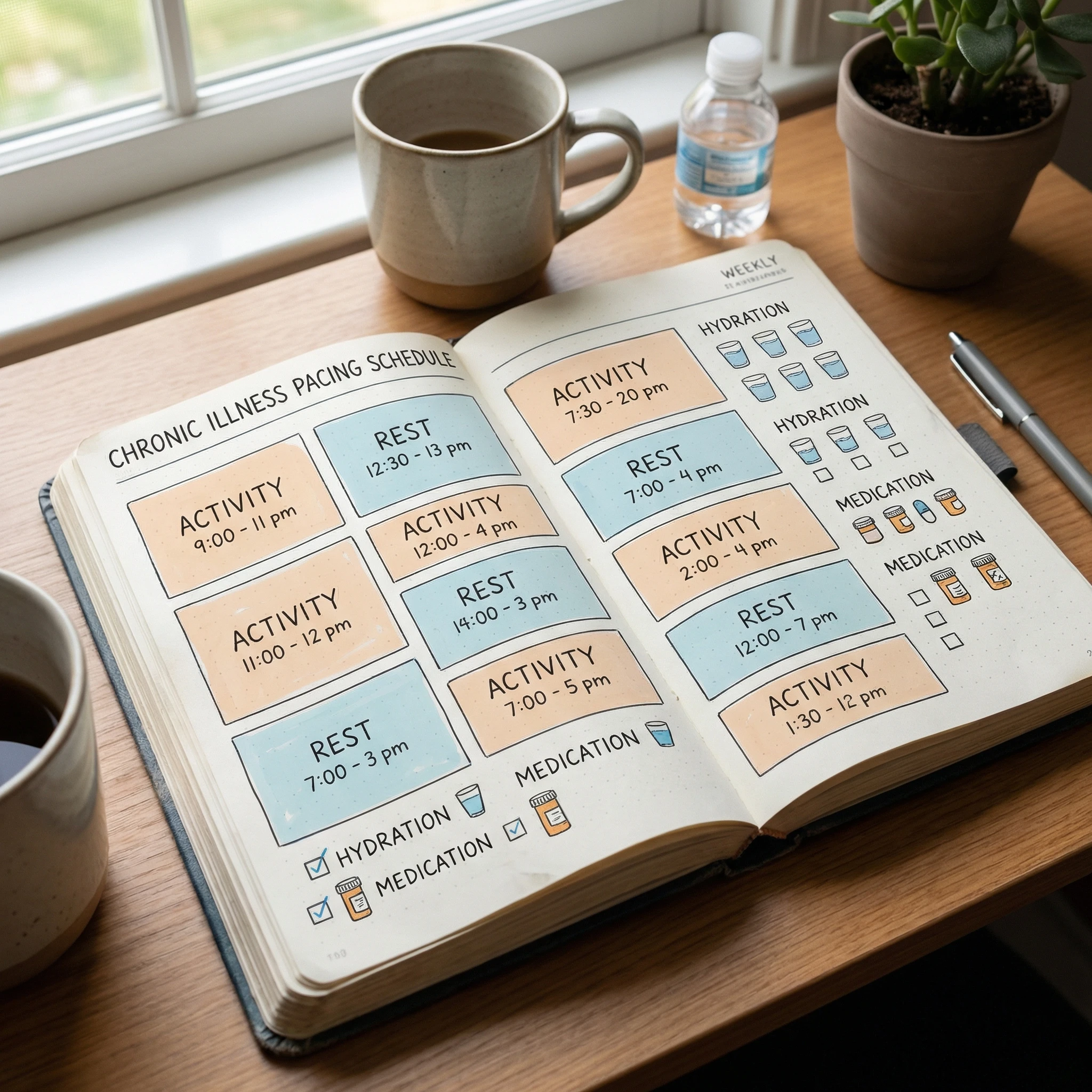 Weekly planner with alternating activity and rest blocks, hydration reminders, and symptom severity tracking for ME/CFS pacing.