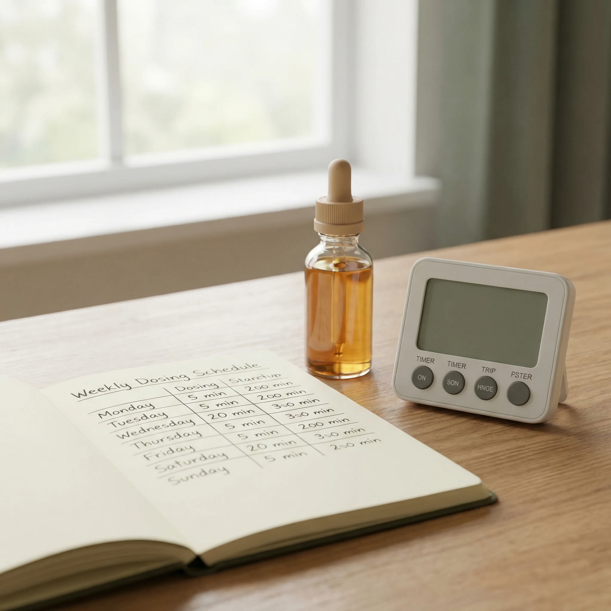CBD tincture bottle beside a weekly dosing notebook and timer