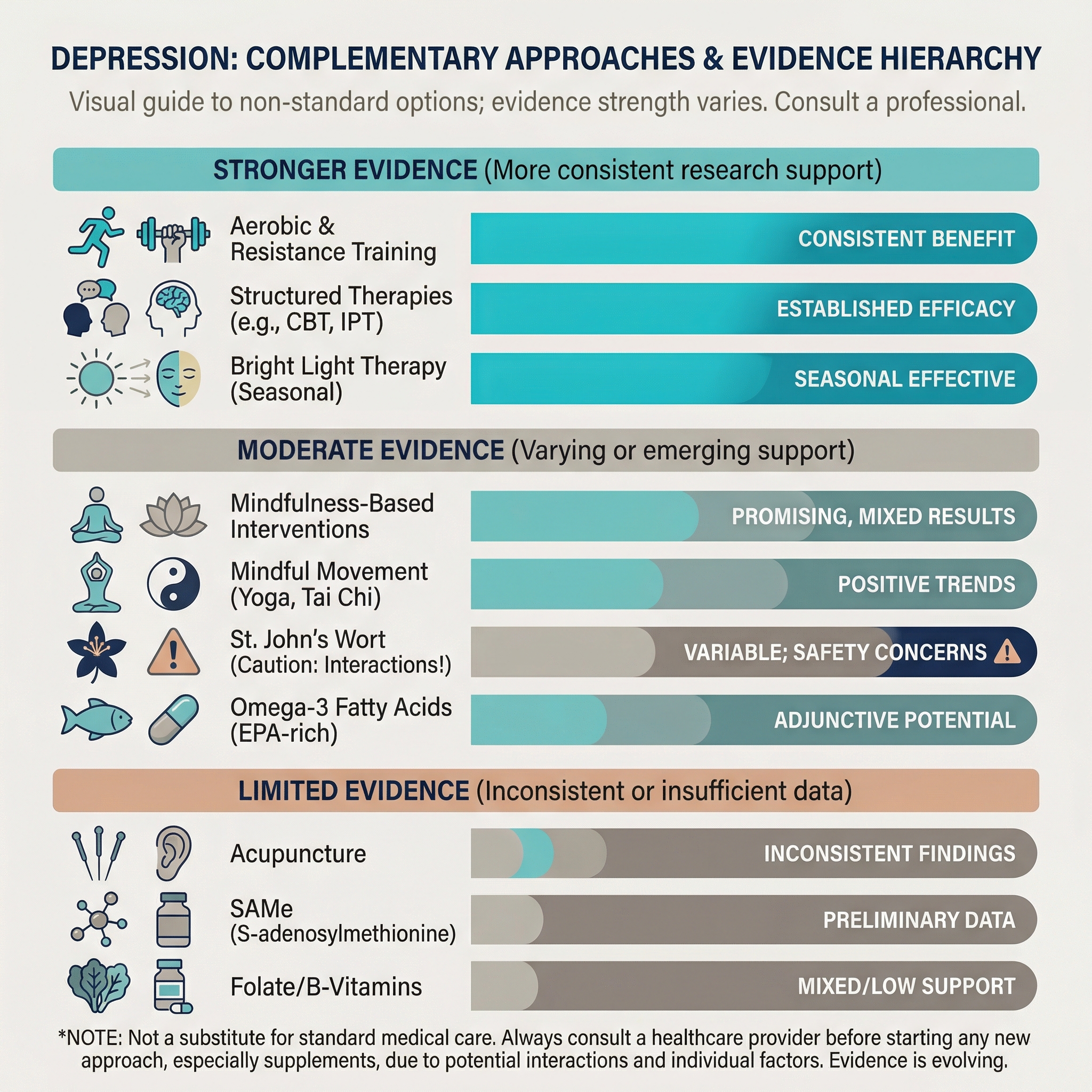 Infographic ranking complementary depression approaches by evidence strength from stronger to limited.