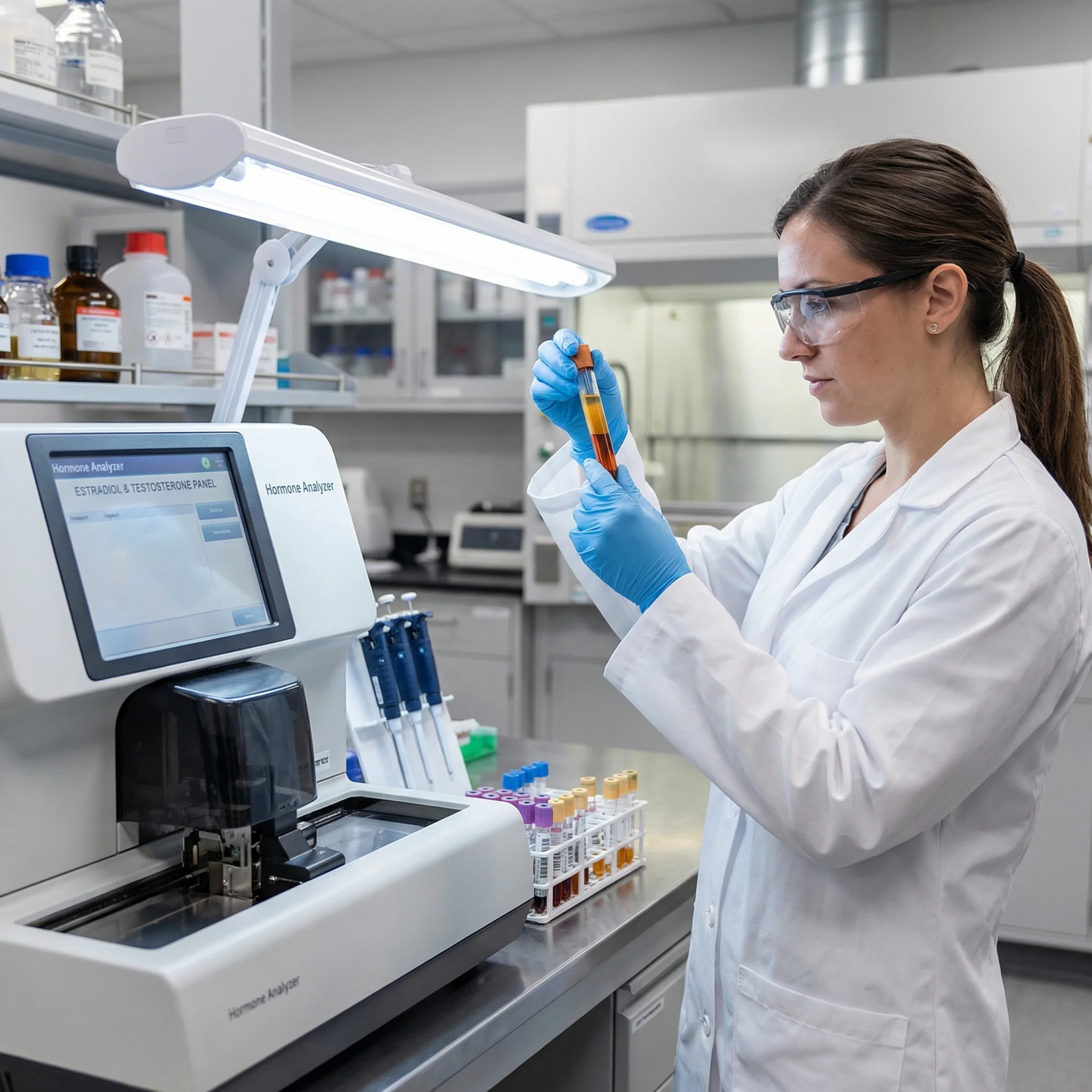 Laboratory researcher analyzing hormone levels in blood serum samples under controlled clinical conditions