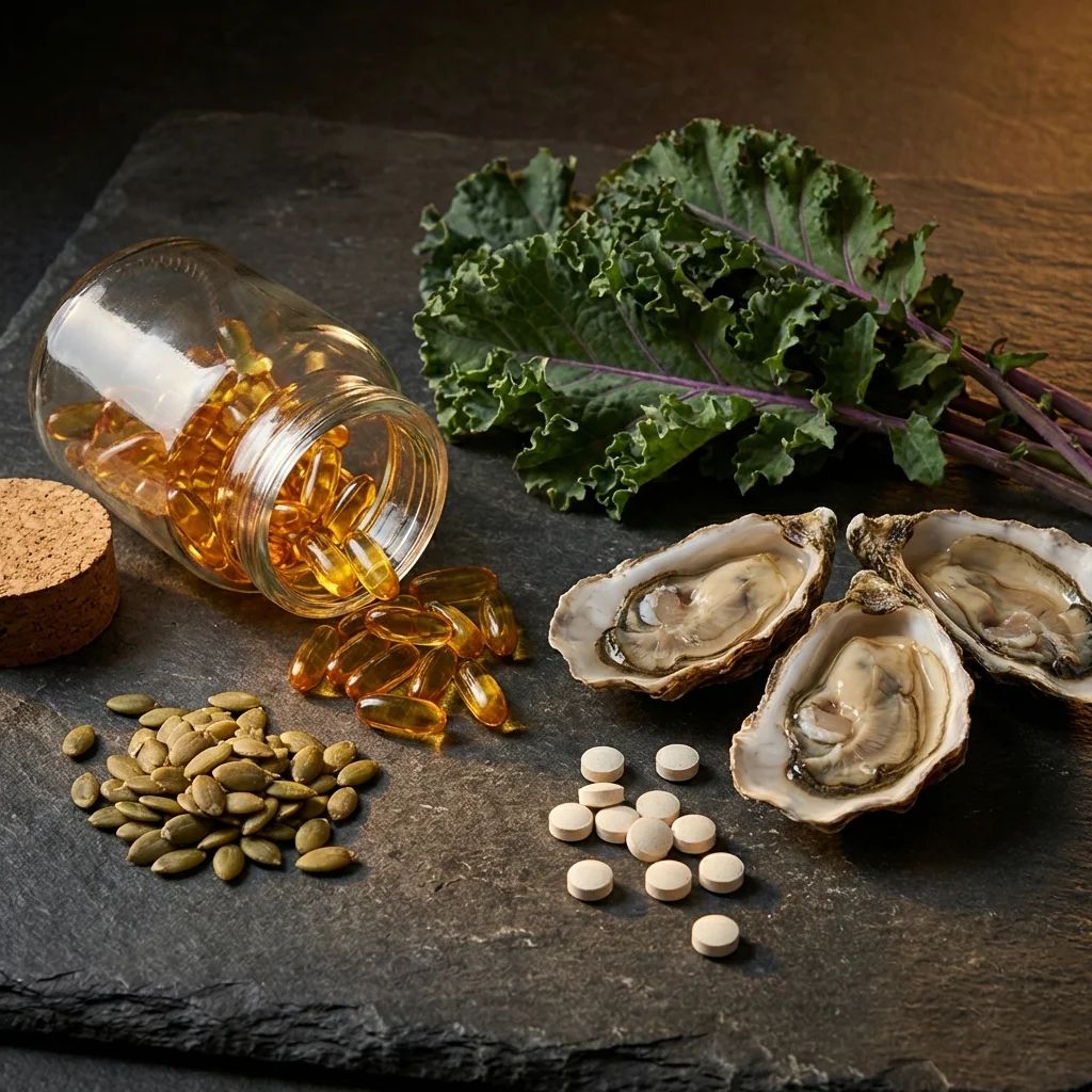 Close-up arrangement of vitamin D capsules, zinc supplements, oysters, pumpkin seeds, and dark leafy greens on a slate surface