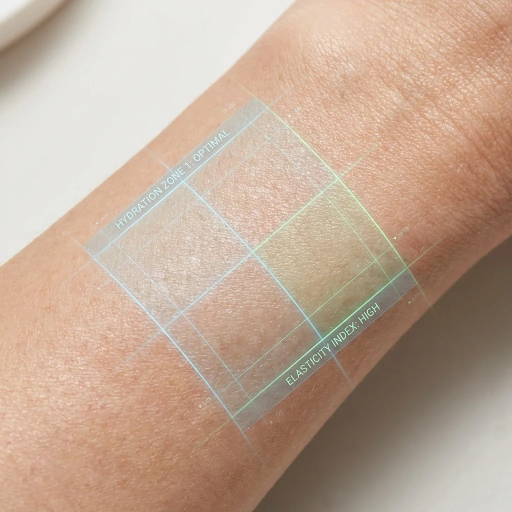 Close-up of healthy glowing skin with scientific measurement overlay graphics