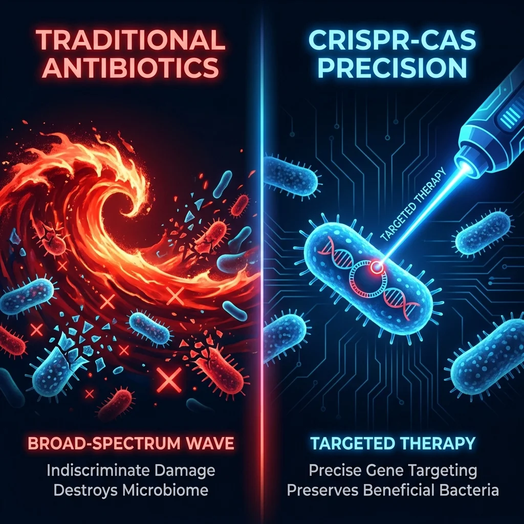 Side-by-side comparison infographic showing broad-spectrum antibiotic damage versus precise CRISPR gene targeting in bacteria